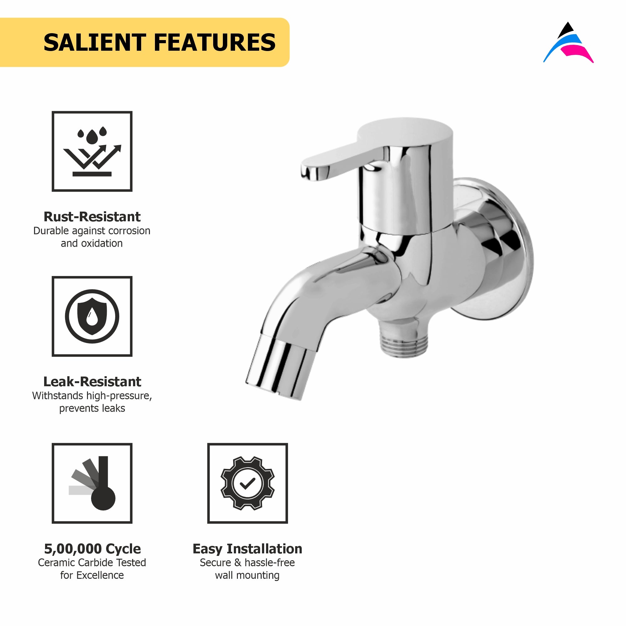 Asiatique S/L 2 in 1 Bib Cock With Wall Flange (S-015SL), Premium Brass Chrome Bathroom Faucet & Mixer Collection, Smart Series