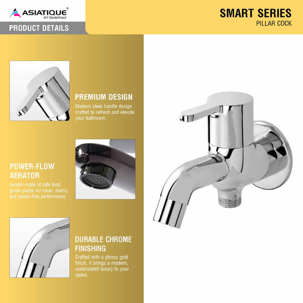 Asiatique S/L 2 in 1 Bib Cock With Wall Flange (S-015SL), Premium Brass Chrome Bathroom Faucet & Mixer Collection, Smart Series