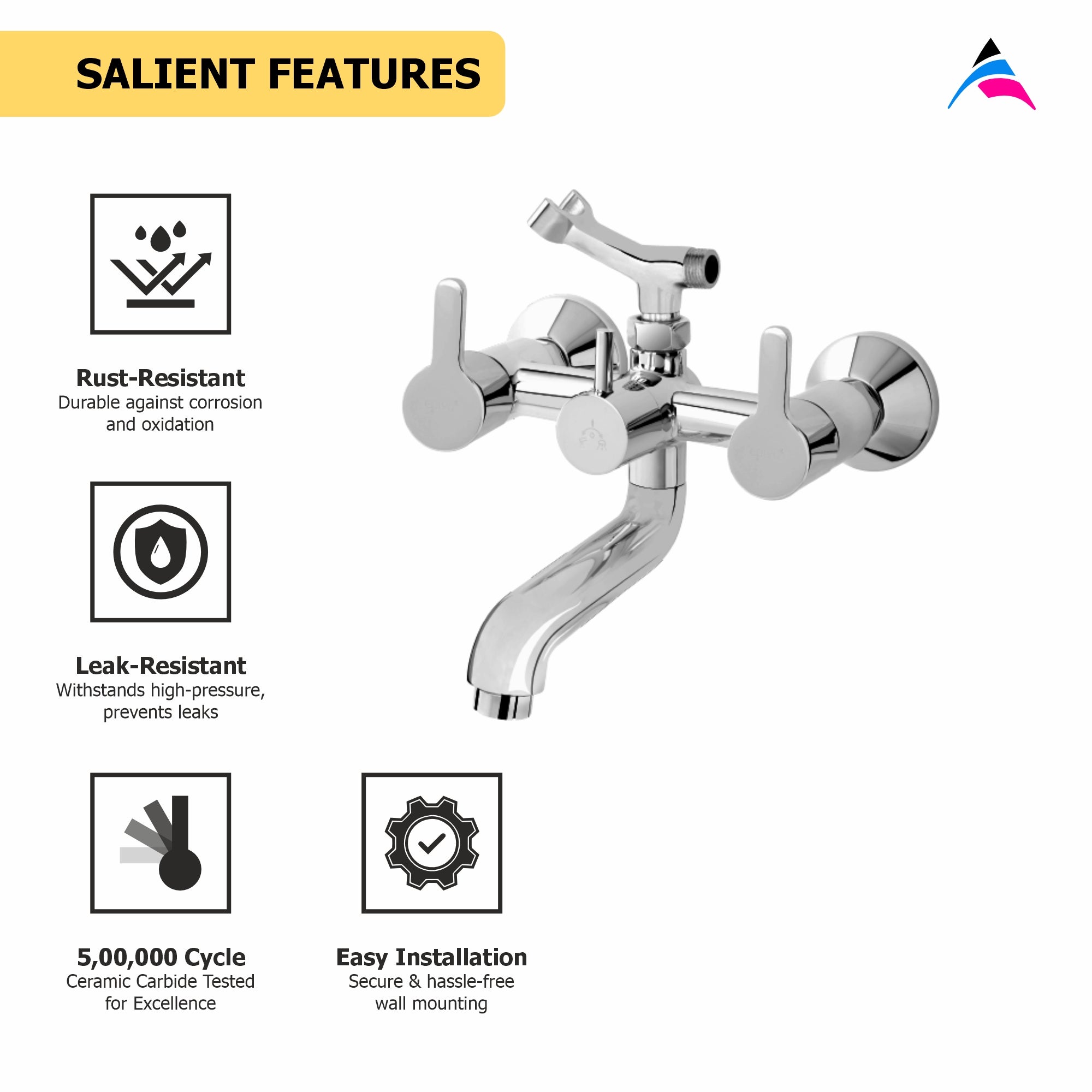 Asiatique Wall Mixer Telephonic With Crutch ARR. Of Tele. Shower (S-016), Premium Brass Chrome Bathroom Faucet & Mixer Collection, Smart Series
