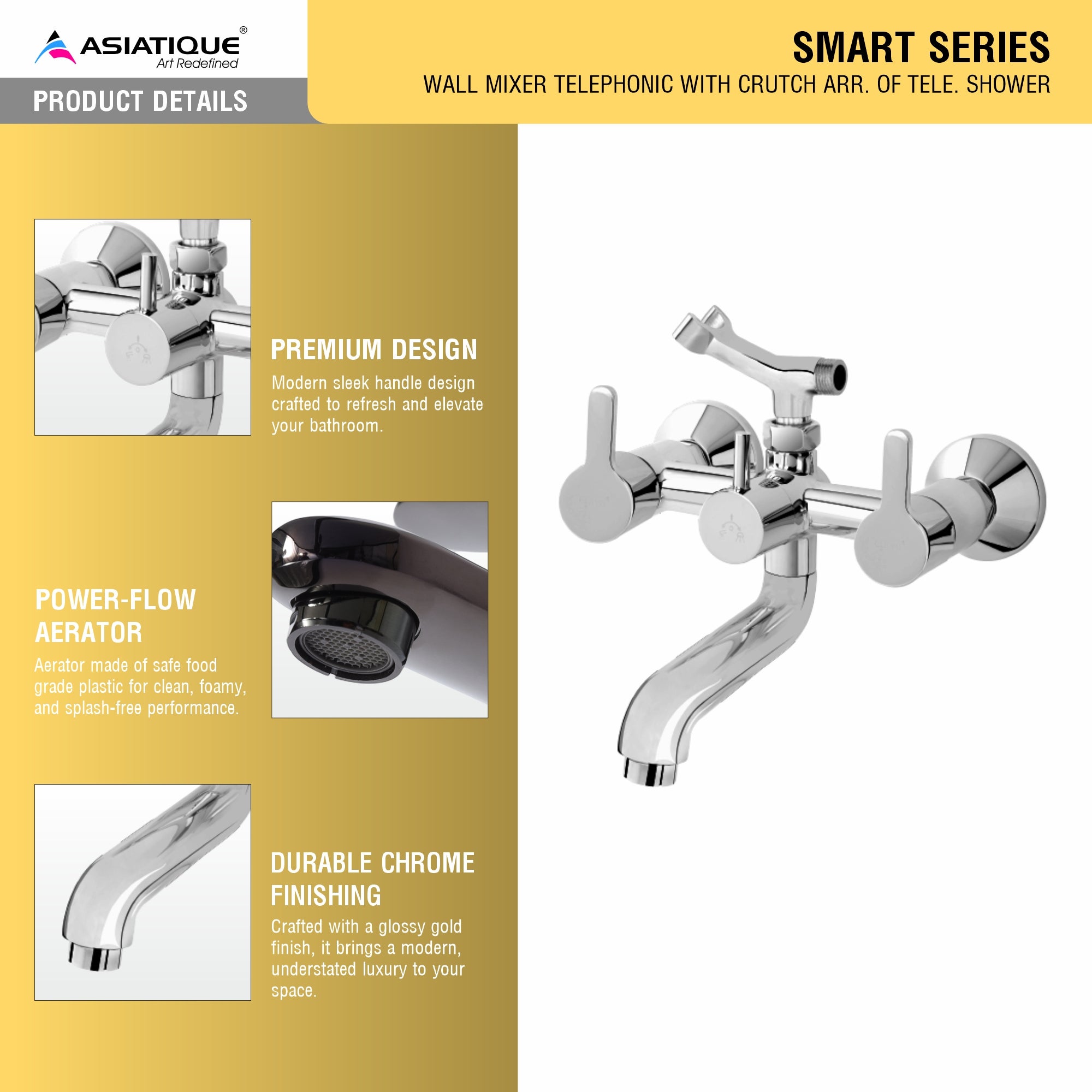 Asiatique Wall Mixer Telephonic With Crutch ARR. Of Tele. Shower (S-016), Premium Brass Chrome Bathroom Faucet & Mixer Collection, Smart Series