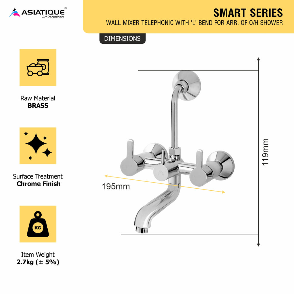 Asiatique Wall Mixer Telephonic With ‘L’ Bend for ARR. Of O/H Shower (S-017), Premium Brass Chrome Bathroom Faucet & Mixer Collection, Smart Series