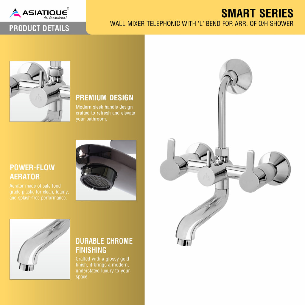 Asiatique Wall Mixer Telephonic With ‘L’ Bend for ARR. Of O/H Shower (S-017), Premium Brass Chrome Bathroom Faucet & Mixer Collection, Smart Series