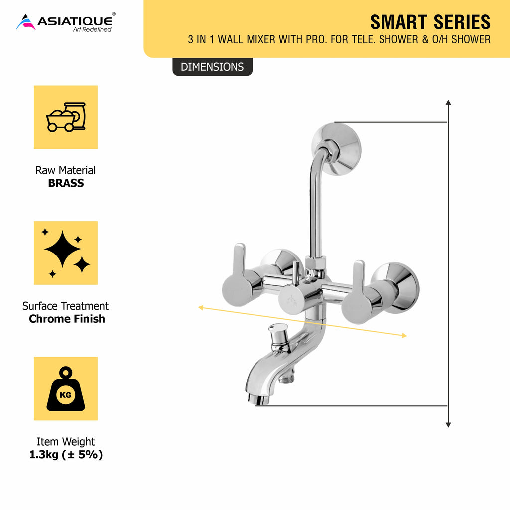 Asiatique 3 in 1 Wall Mixer With Pro. For Tele. Shower & O/H Shower (S-018), Premium Brass Chrome Bathroom Faucet & Mixer Collection, Smart Series