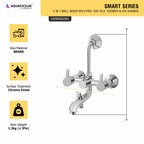 Asiatique 3 in 1 Wall Mixer With Pro. For Tele. Shower & O/H Shower (S-018), Premium Brass Chrome Bathroom Faucet & Mixer Collection, Smart Series