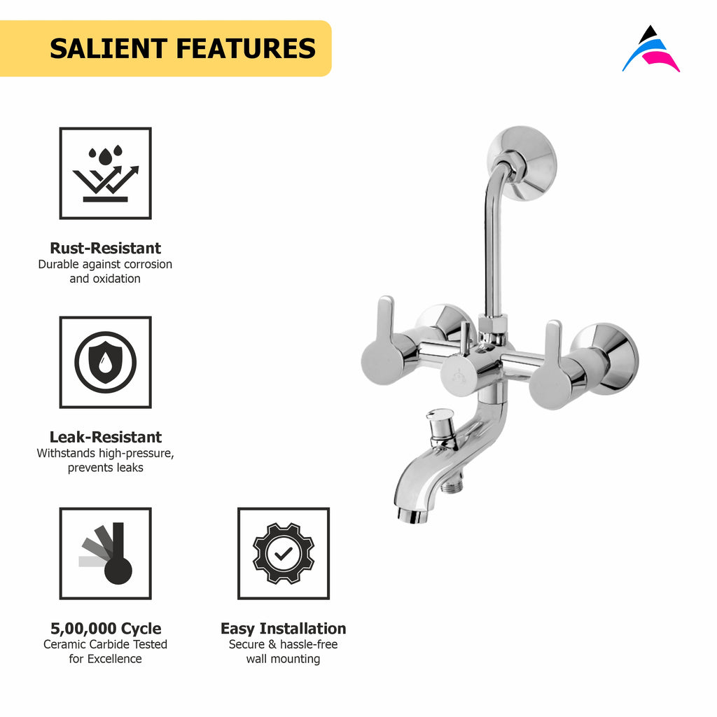 Asiatique 3 in 1 Wall Mixer With Pro. For Tele. Shower & O/H Shower (S-018), Premium Brass Chrome Bathroom Faucet & Mixer Collection, Smart Series