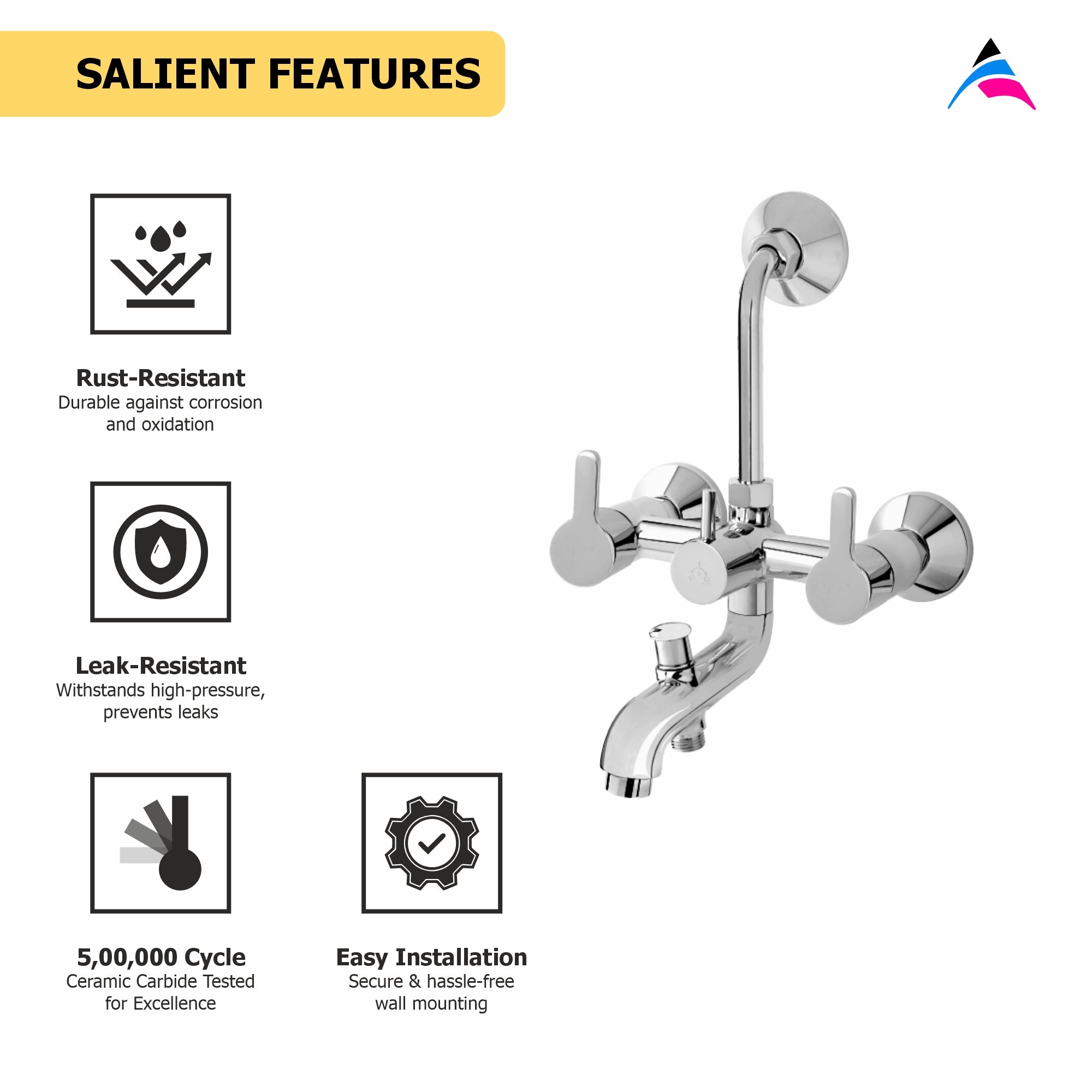 Asiatique 3 in 1 Wall Mixer With Pro. For Tele. Shower & O/H Shower (S-018), Premium Brass Chrome Bathroom Faucet & Mixer Collection, Smart Series