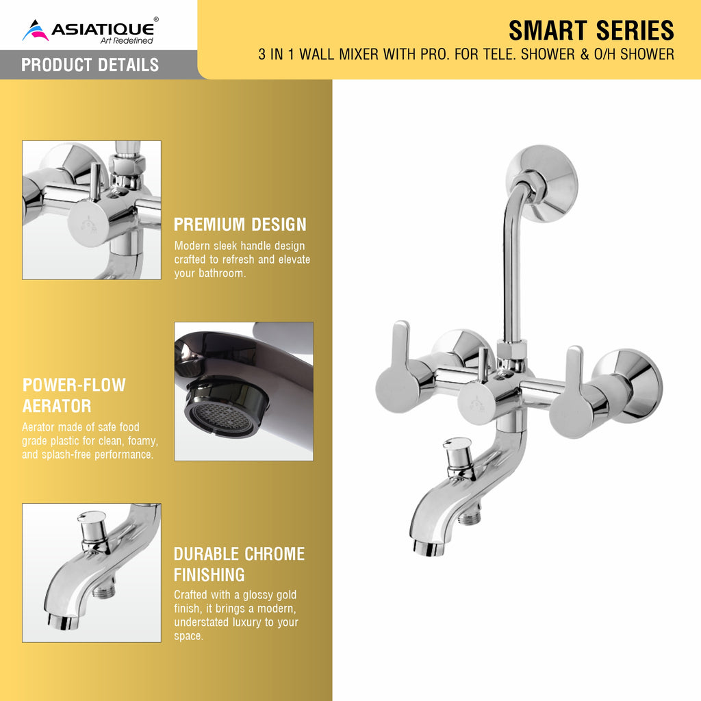 Asiatique 3 in 1 Wall Mixer With Pro. For Tele. Shower & O/H Shower (S-018), Premium Brass Chrome Bathroom Faucet & Mixer Collection, Smart Series