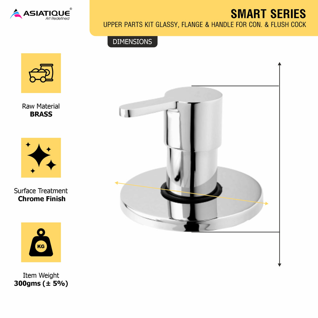 Asiatique Upper Parts Kit Glassy, Flange & Handle For Con. & Flush Cock (S-021U), Premium Brass Chrome Bathroom Faucet & Mixer Collection, Smart Series