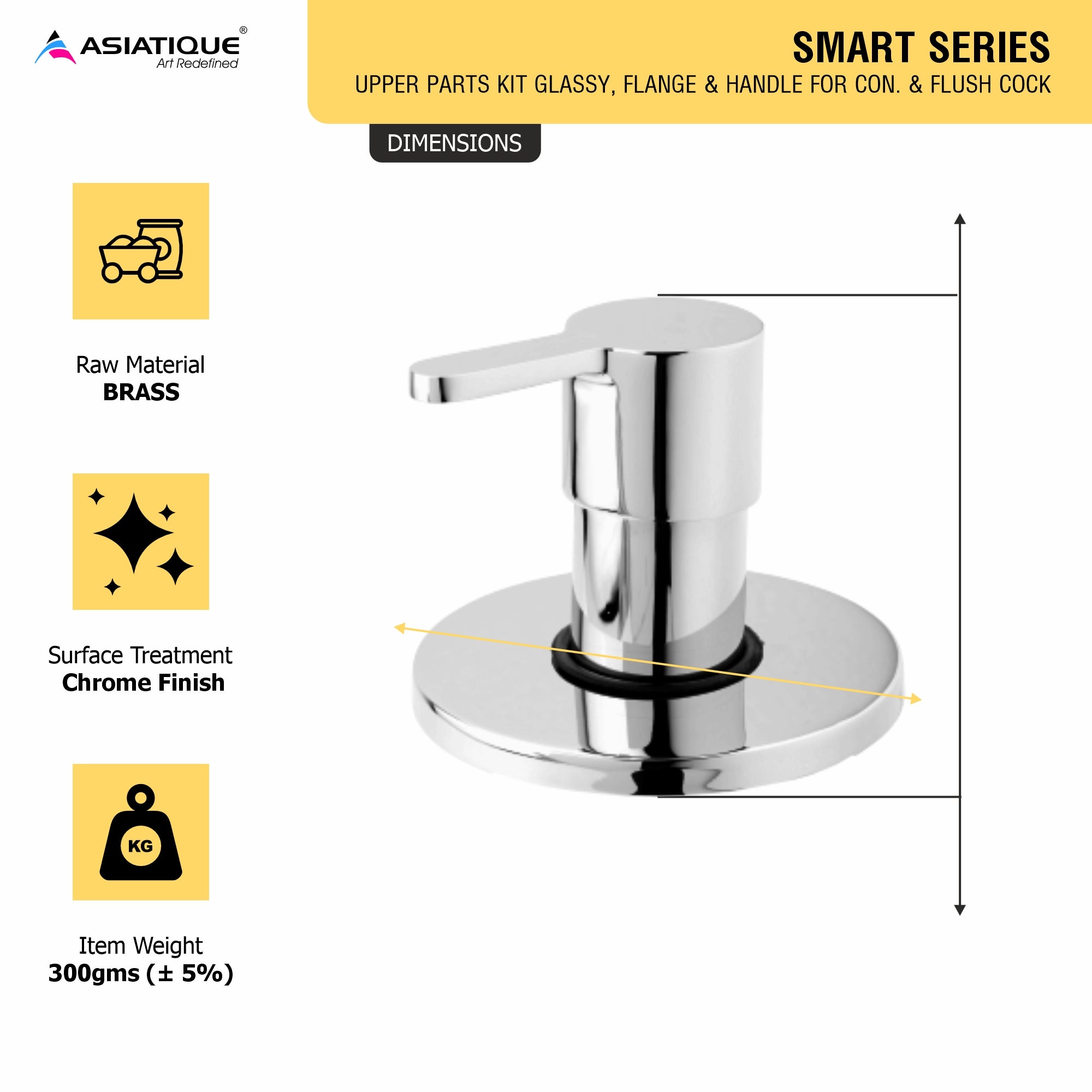 Asiatique Upper Parts Kit Glassy, Flange & Handle For Con. & Flush Cock (S-021U), Premium Brass Chrome Bathroom Faucet & Mixer Collection, Smart Series