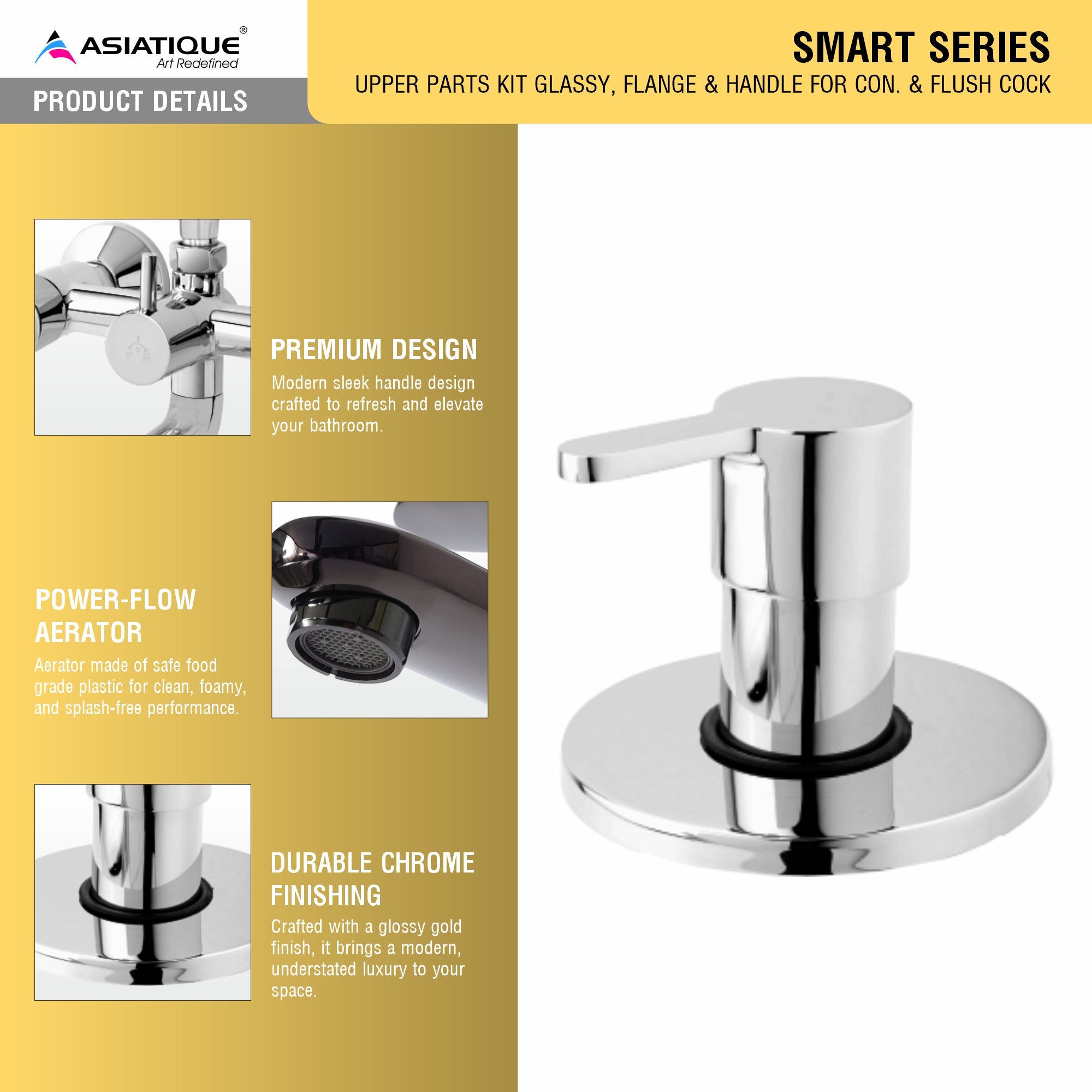 Asiatique Upper Parts Kit Glassy, Flange & Handle For Con. & Flush Cock (S-021U), Premium Brass Chrome Bathroom Faucet & Mixer Collection, Smart Series