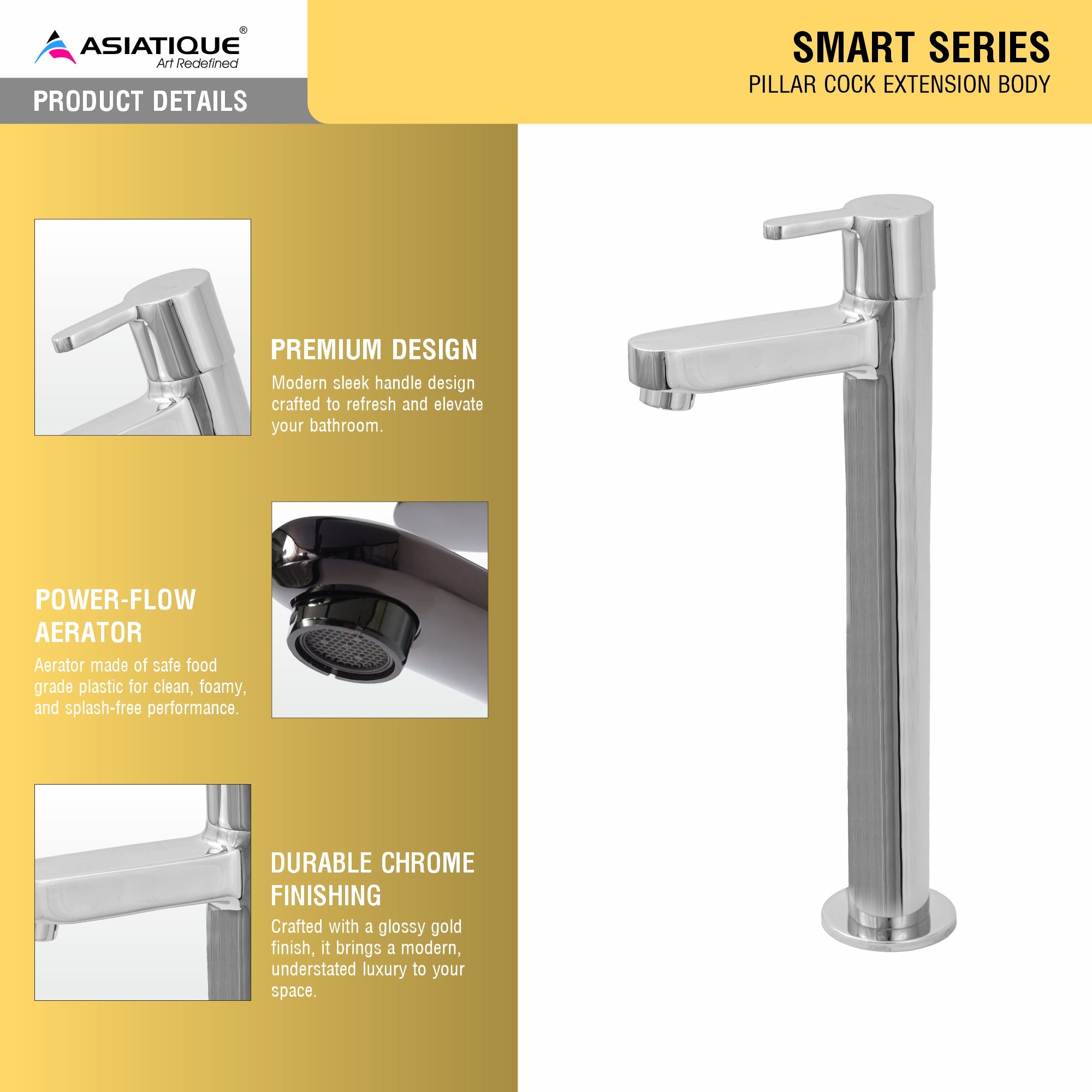 Asiatique Pillar Cock Extension Body (S-023), Premium Brass Chrome Bathroom Faucet & Mixer Collection, Smart Series