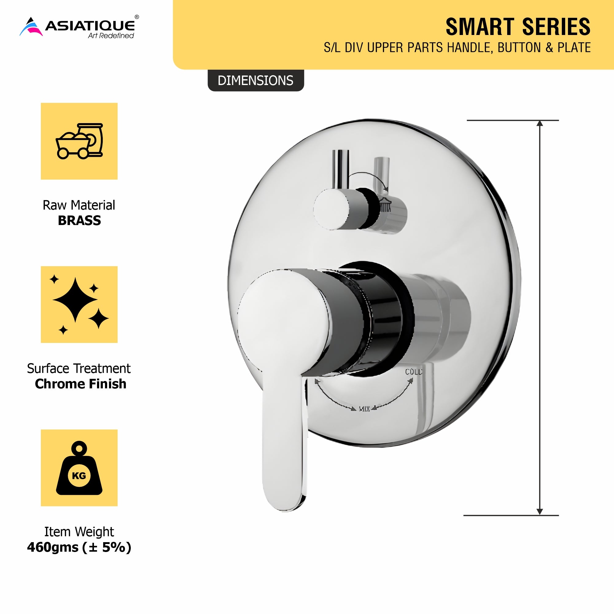 Asiatique S/L Div Upper Parts Handle, Button & Plate (S-024), Premium Brass Chrome Bathroom Faucet & Mixer Collection, Smart Series