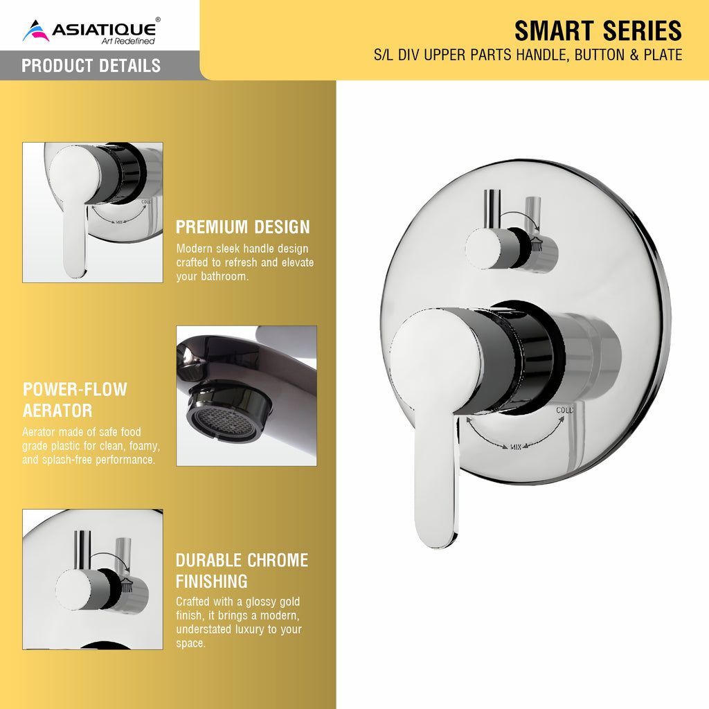 Asiatique S/L Div Upper Parts Handle, Button & Plate (S-024), Premium Brass Chrome Bathroom Faucet & Mixer Collection, Smart Series