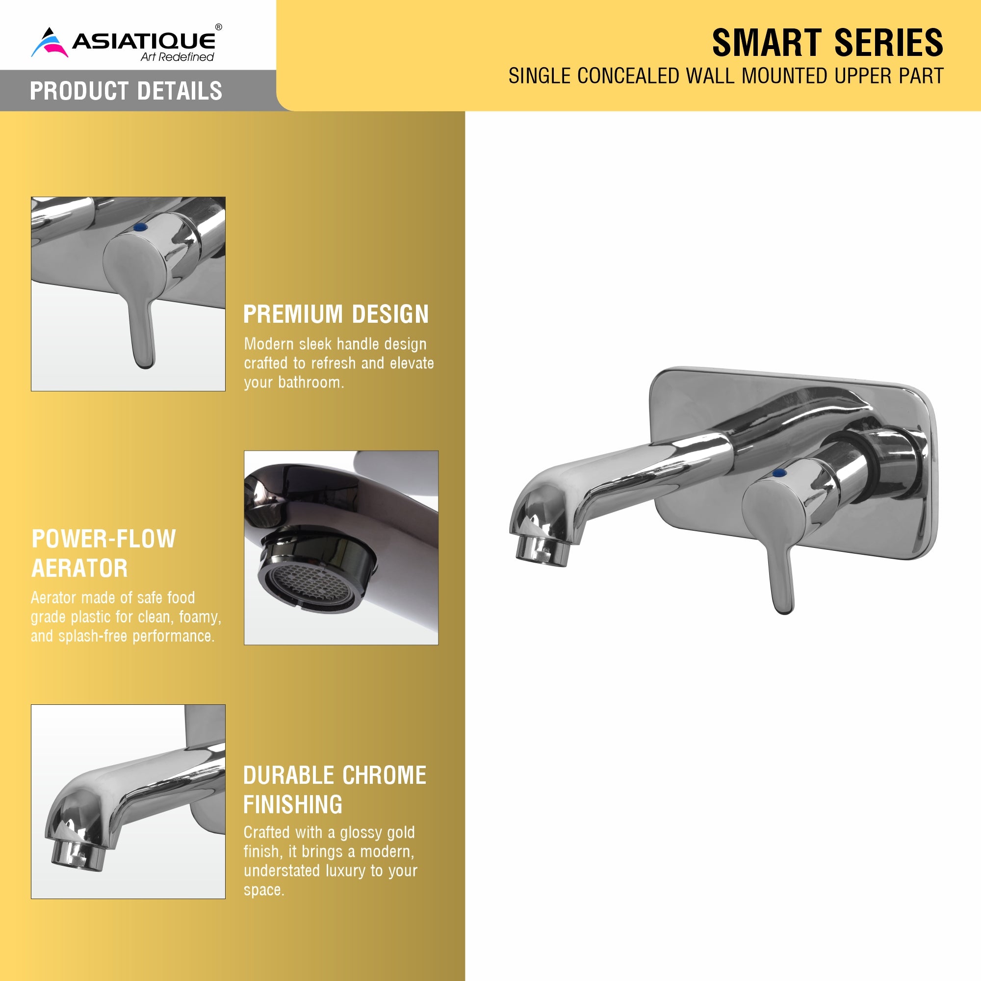 Asiatique Single Concealed Wall Mounted Upper Part (S-028U), Premium Brass Chrome Bathroom Faucet & Mixer Collection, Smart Series