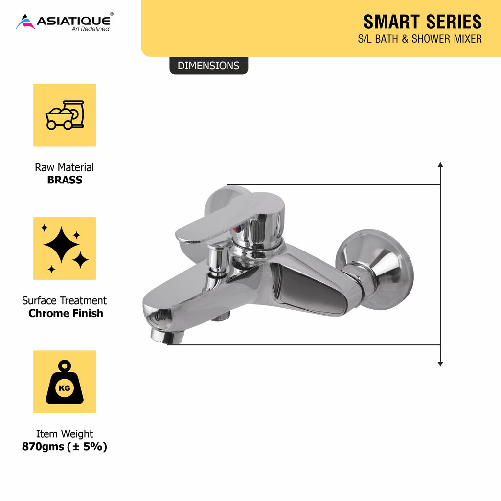 Asiatique S/L Bath & Shower Mixer (S-030), Premium Brass Chrome Bathroom Faucet & Mixer Collection, Smart Series