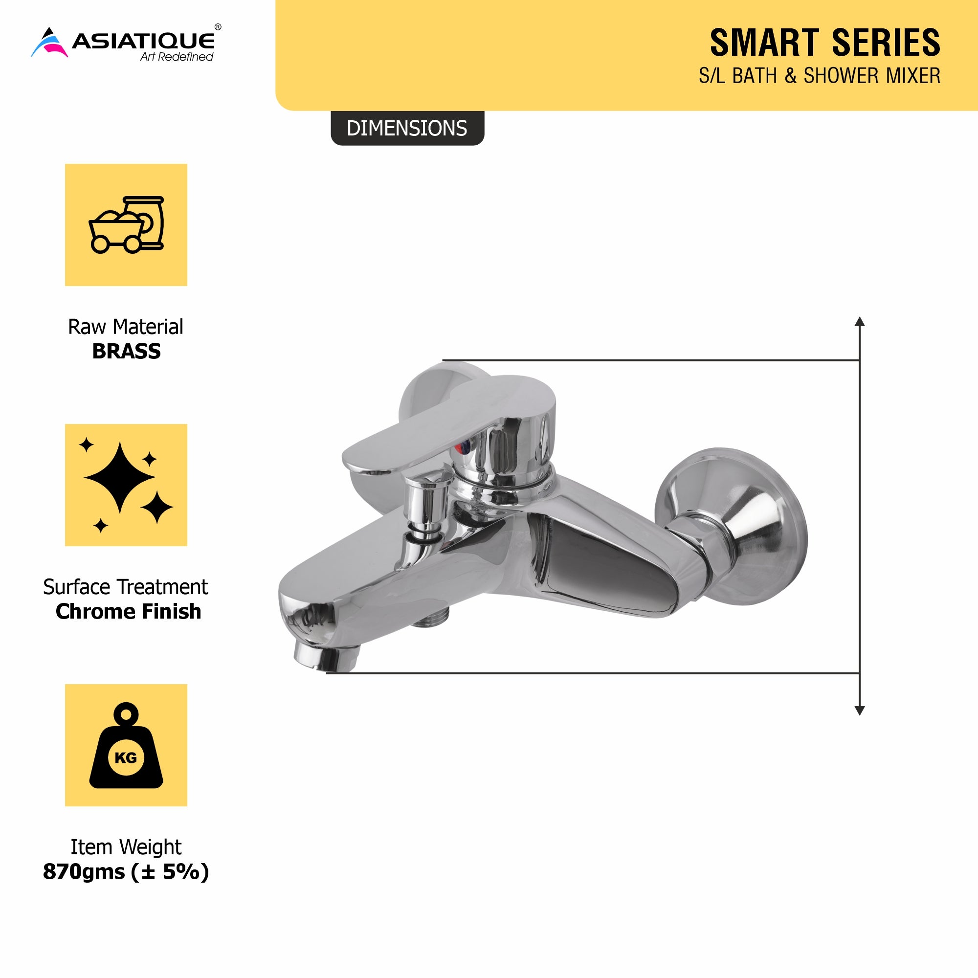 Asiatique S/L Bath & Shower Mixer (S-030), Premium Brass Chrome Bathroom Faucet & Mixer Collection, Smart Series