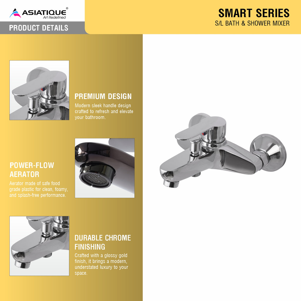 Asiatique S/L Bath & Shower Mixer (S-030), Premium Brass Chrome Bathroom Faucet & Mixer Collection, Smart Series