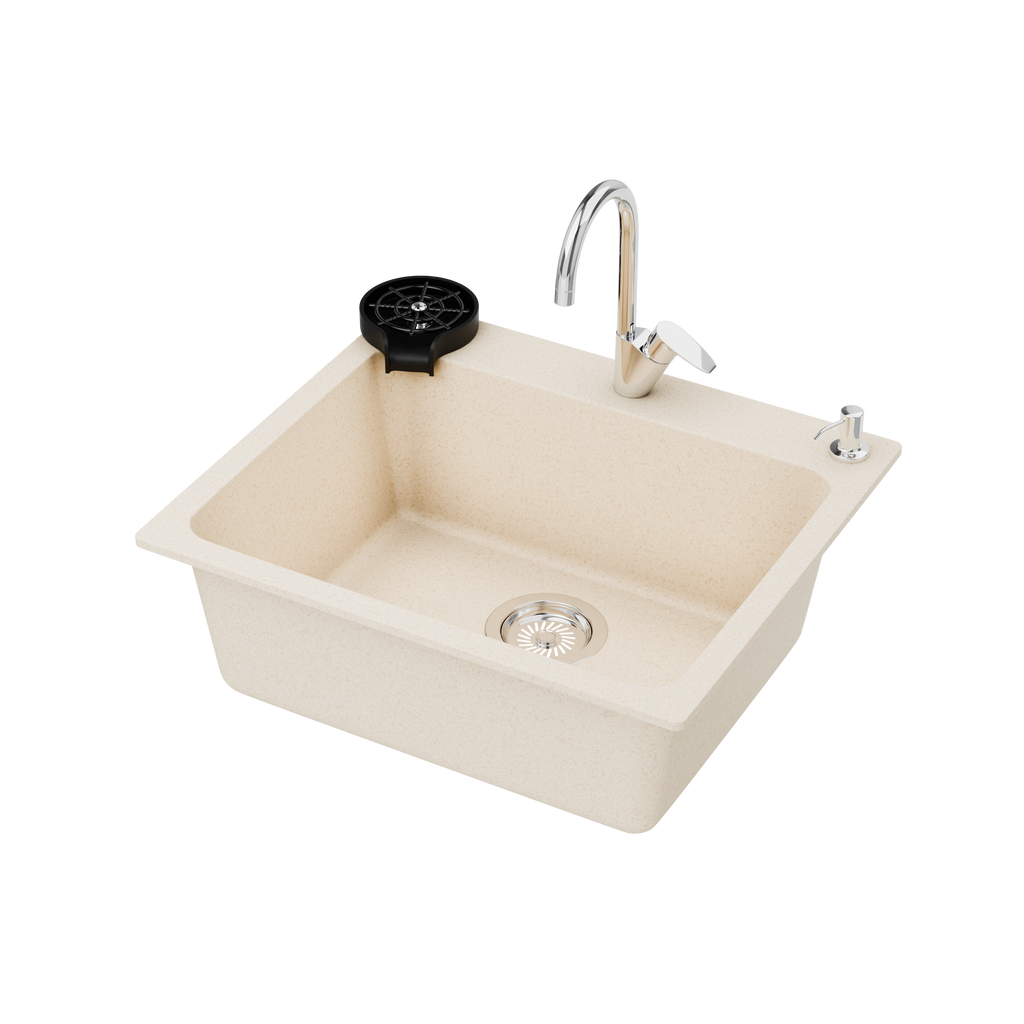 Asiatique Single Bowl Quartz Kitchen Sink (D107- LUXE), Granite Finish, 304 Grade SS coupling, Slop Drain, Noise Reduction Design | 24 x 20 x 9 inches