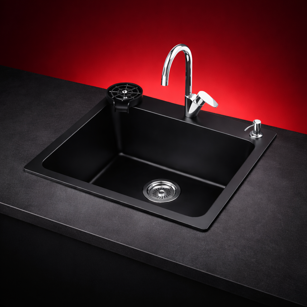 Asiatique Single Bowl Quartz Kitchen Sink (D107- LUXE), Granite Finish, 304 Grade SS coupling, Slop Drain, Noise Reduction Design | 24 x 20 x 9 inches