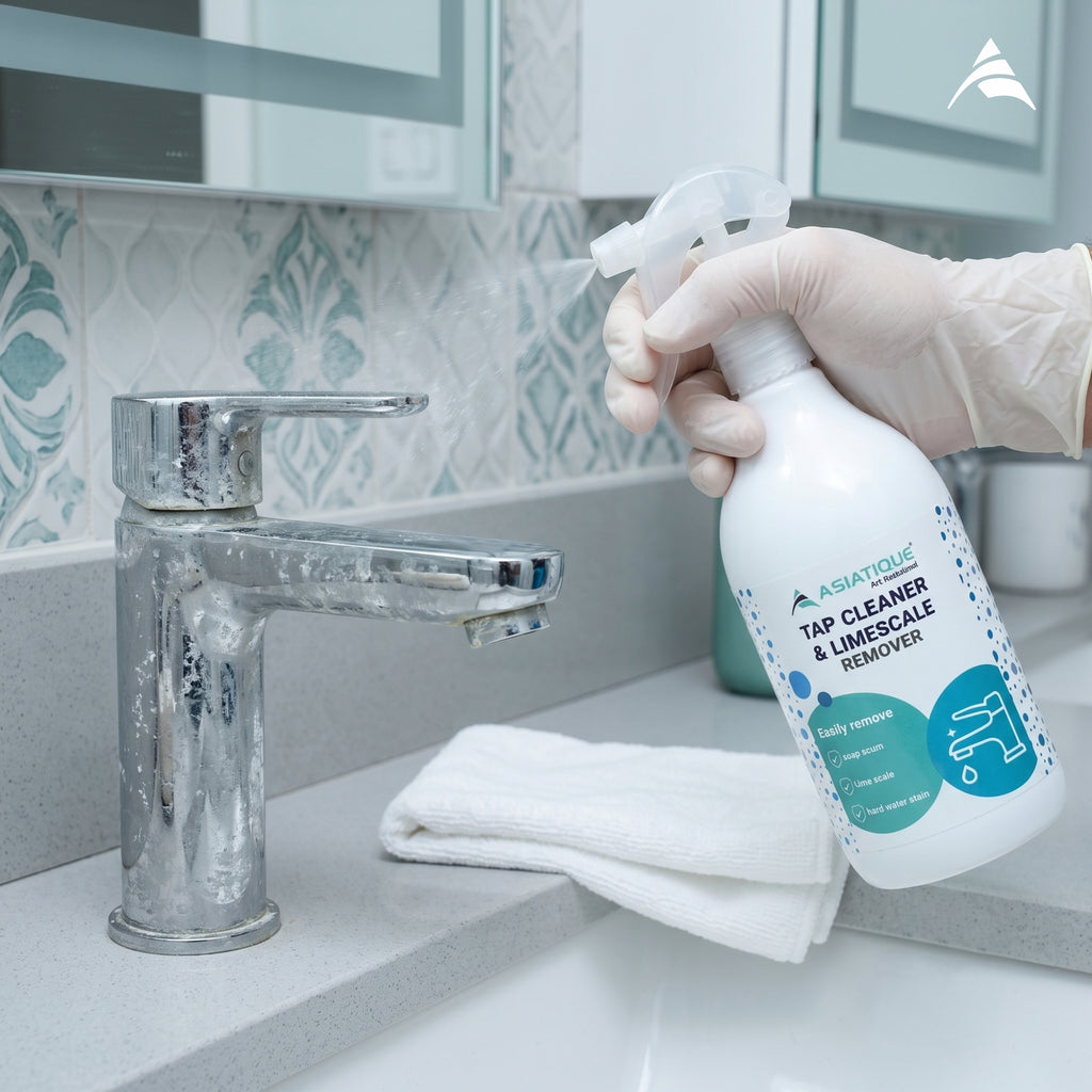Asiatique Tap & Shower Cleaner & Limescale Remover Spray | Removes Hard Water Stains, Soap Scum & Limescale | Bathroom & Kitchen Cleaner | 500 ml