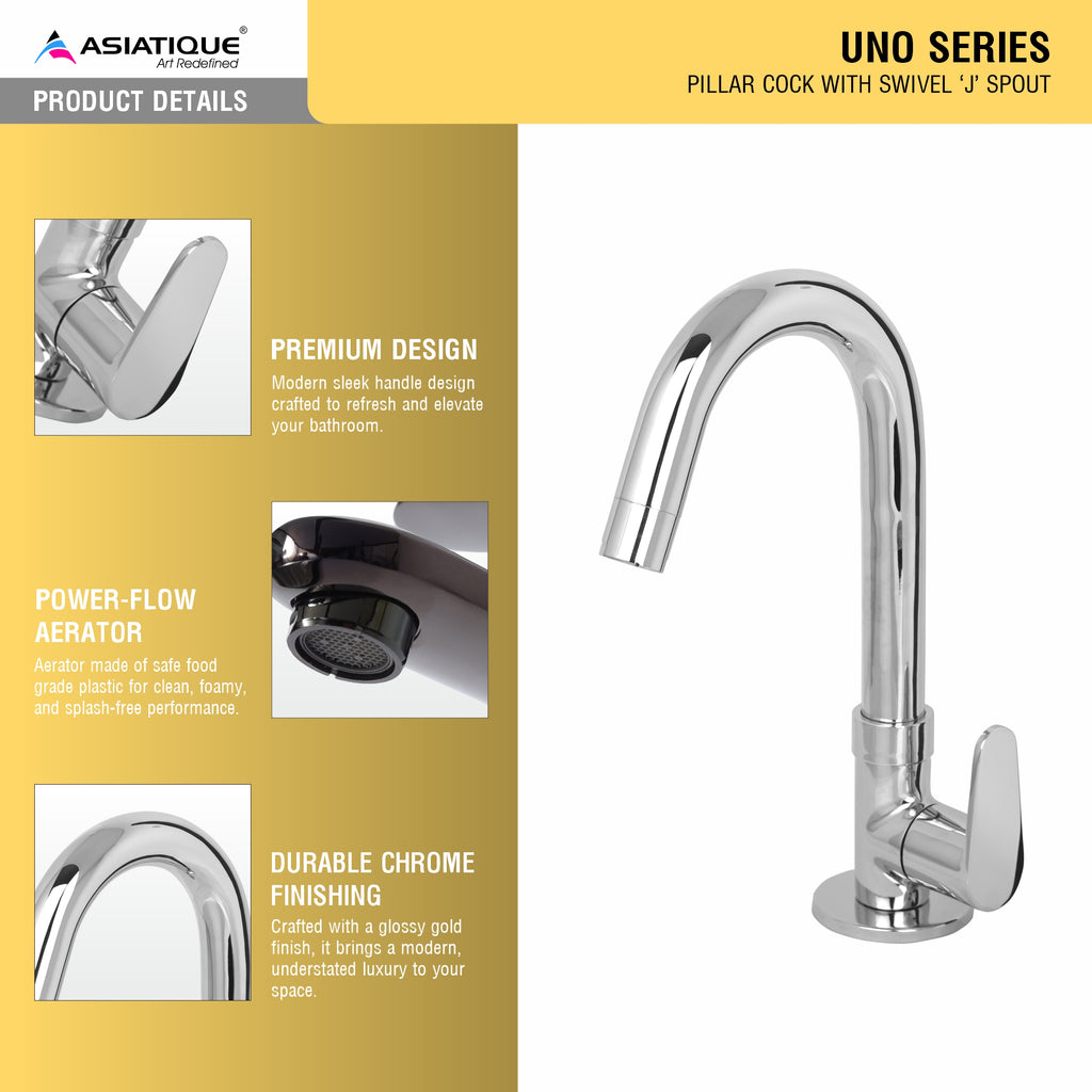 Asiatique Pillar Cock With Swivel 'J' Spout (U-002), UNO Series Kitchen & Bathroom Faucets | Minimal Modern Tap Collection