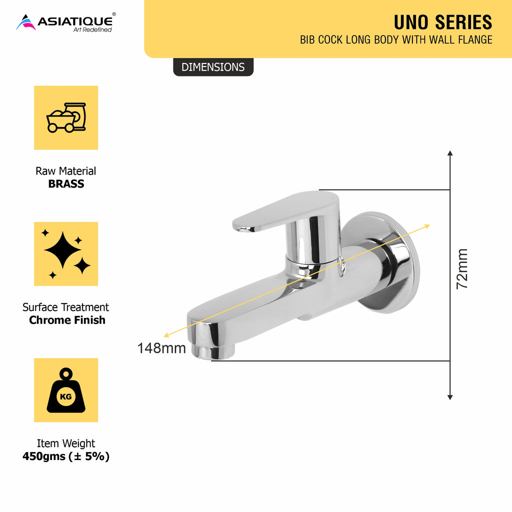 Asiatique Bib Cock Long Body With Wall Flange (U-004), UNO Series Kitchen & Bathroom Faucets | Minimal Modern Tap Collection