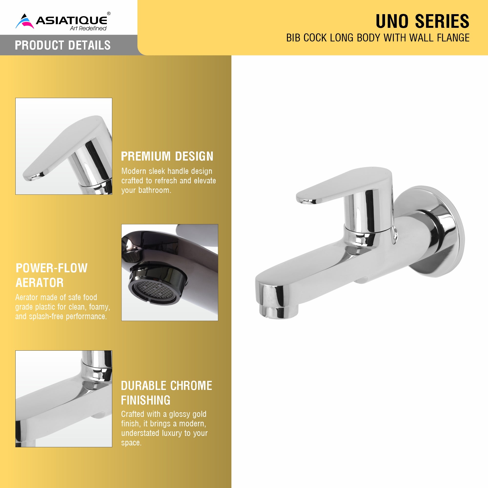 Asiatique Bib Cock Long Body With Wall Flange (U-004), UNO Series Kitchen & Bathroom Faucets | Minimal Modern Tap Collection