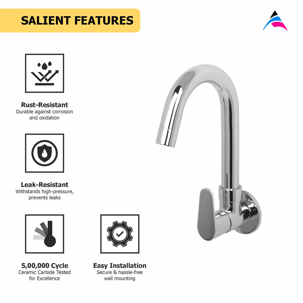 Asiatique Sink Cock With Swivel 'J' Spout Wall Mounted With Flange (U-008), UNO Series Kitchen & Bathroom Faucets | Minimal Modern Tap Collection
