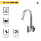 Asiatique Sink Cock With Swivel 'J' Spout Wall Mounted With Flange (U-008), UNO Series Kitchen & Bathroom Faucets | Minimal Modern Tap Collection