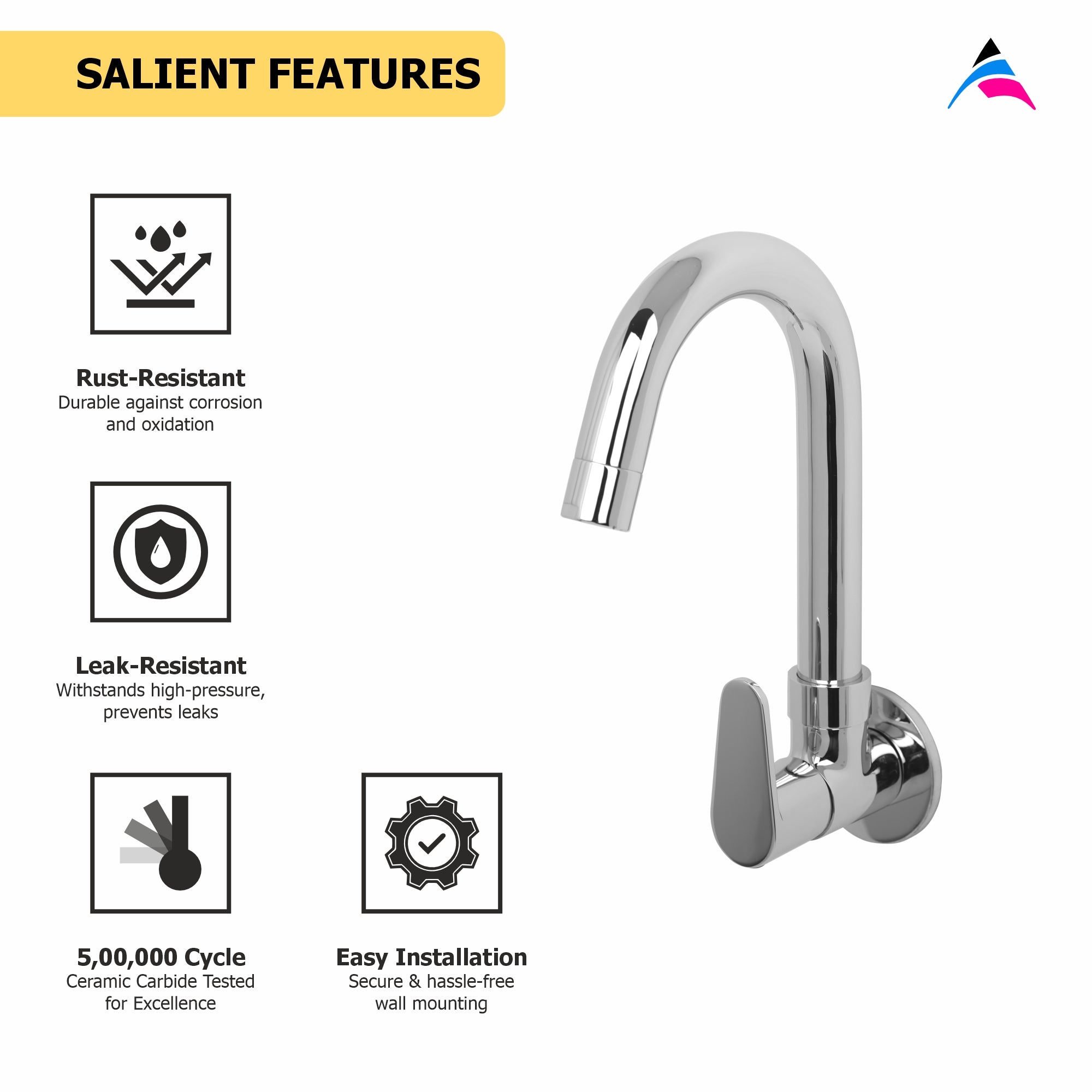 Asiatique Sink Cock With Swivel 'J' Spout Wall Mounted With Flange (U-008), UNO Series Kitchen & Bathroom Faucets | Minimal Modern Tap Collection