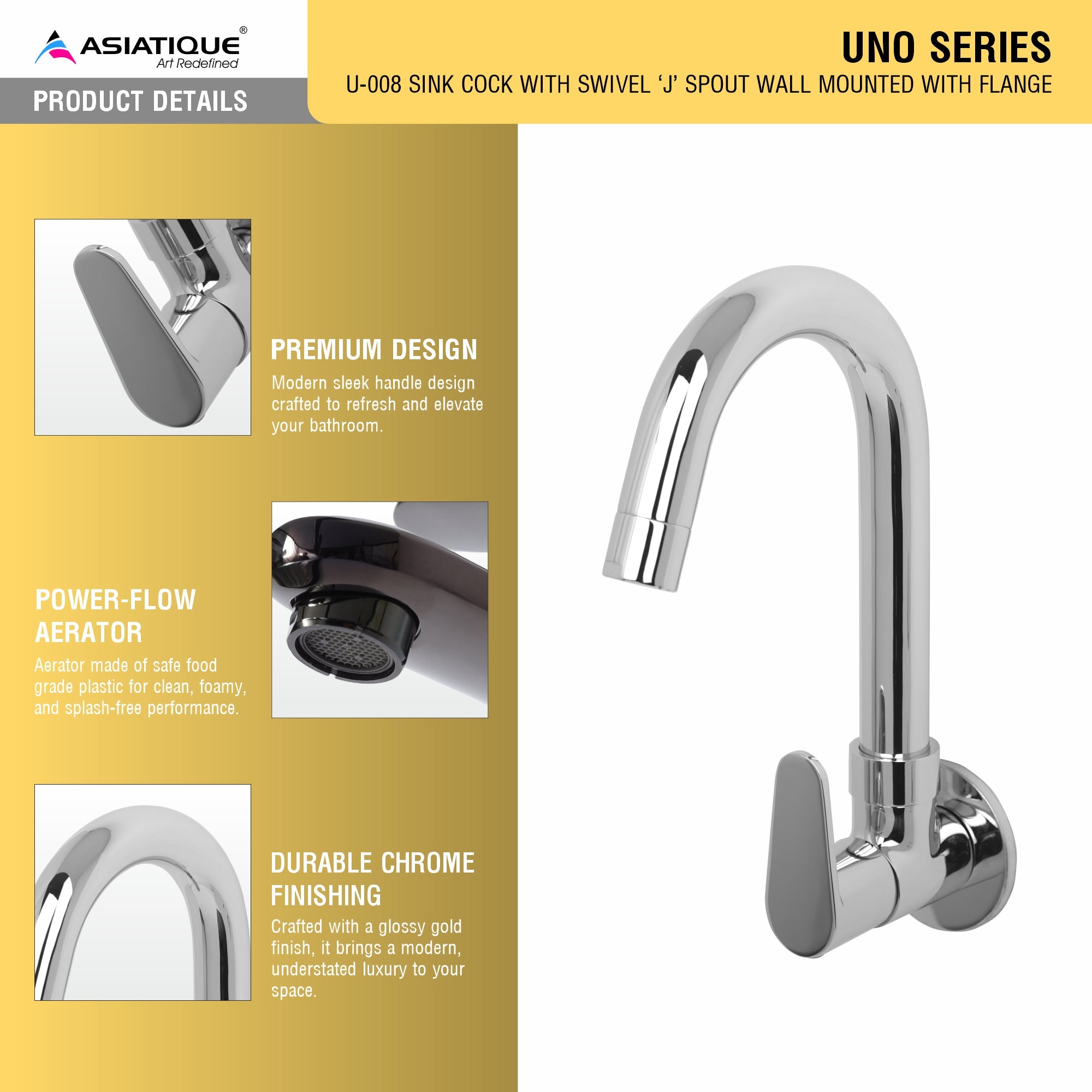 Asiatique Sink Cock With Swivel 'J' Spout Wall Mounted With Flange (U-008), UNO Series Kitchen & Bathroom Faucets | Minimal Modern Tap Collection