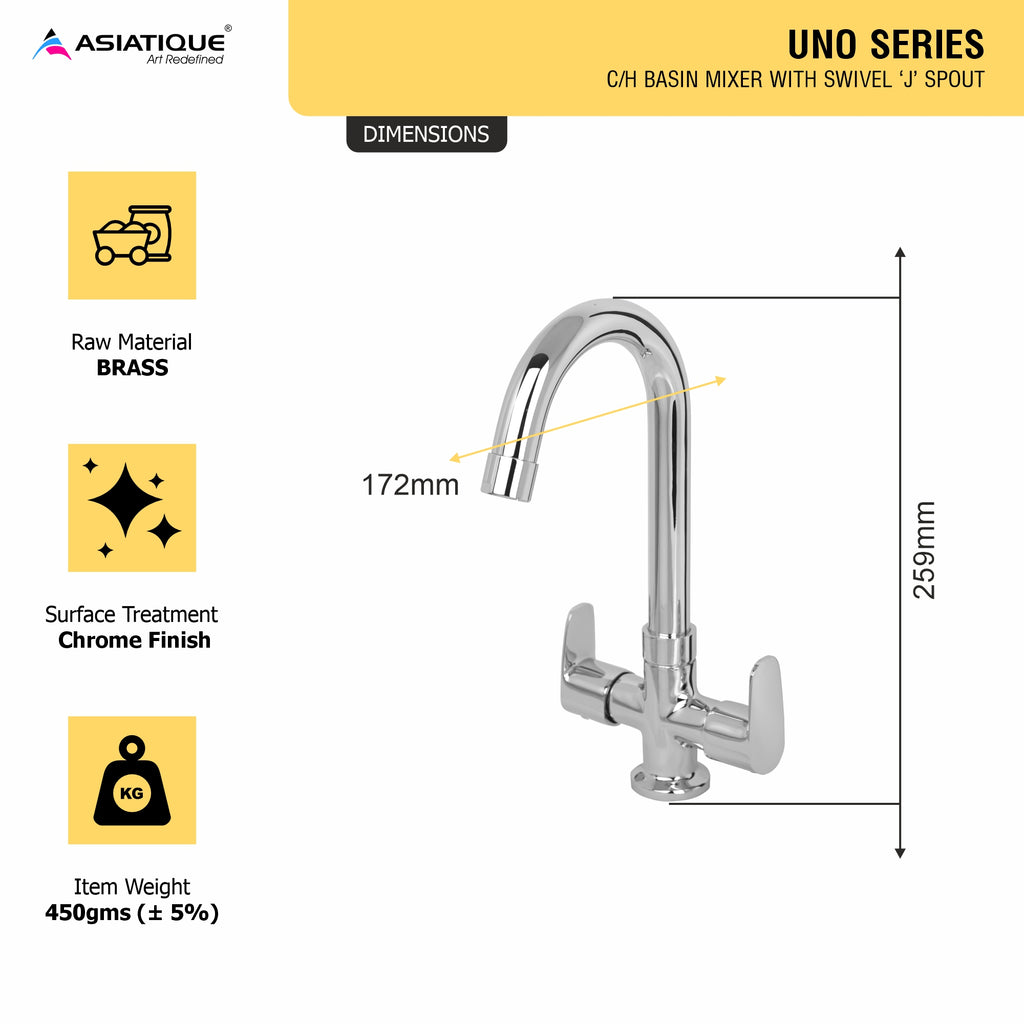 Asiatique C/H Basin Mixer With Swivel 'J' Spout (U-011), UNO Series Kitchen & Bathroom Faucets | Minimal Modern Tap Collection