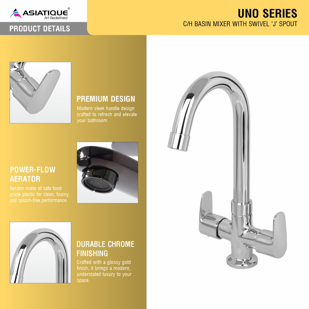 Asiatique C/H Basin Mixer With Swivel 'J' Spout (U-011), UNO Series Kitchen & Bathroom Faucets | Minimal Modern Tap Collection