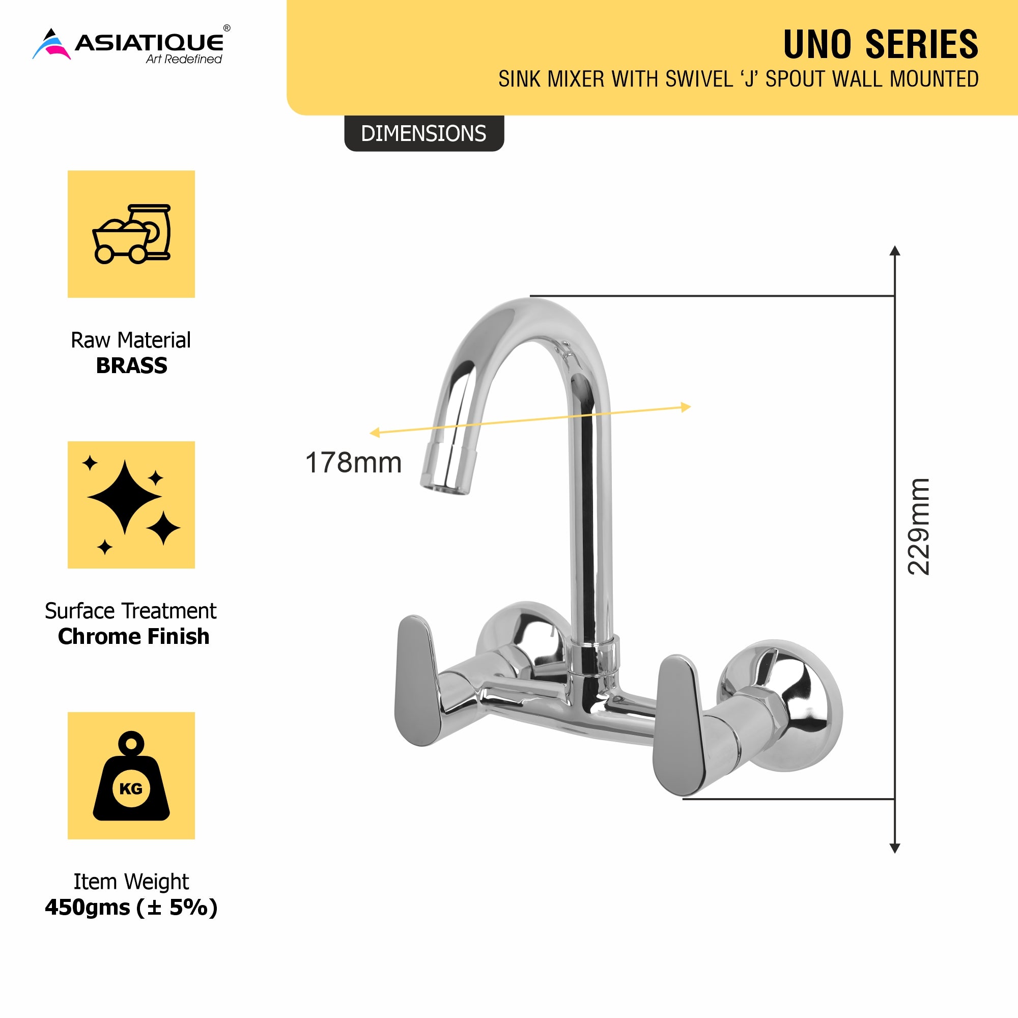 Asiatique Sink Mixer With Swivel 'J' Spout Wall Mounted (U-013), UNO Series Kitchen & Bathroom Faucets | Minimal Modern Tap Collection