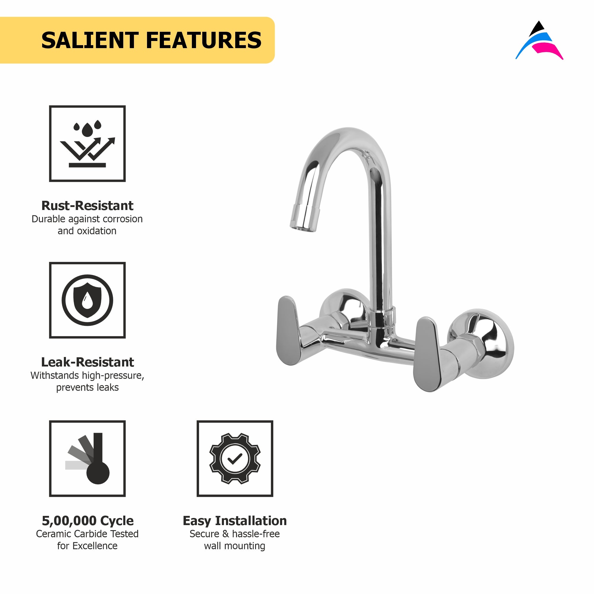 Asiatique Sink Mixer With Swivel 'J' Spout Wall Mounted (U-013), UNO Series Kitchen & Bathroom Faucets | Minimal Modern Tap Collection