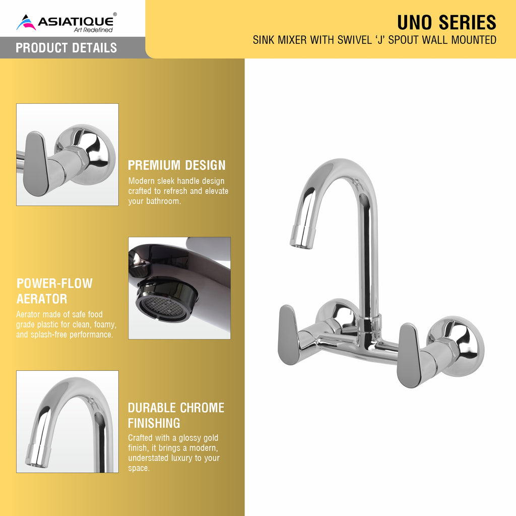 Asiatique Sink Mixer With Swivel 'J' Spout Wall Mounted (U-013), UNO Series Kitchen & Bathroom Faucets | Minimal Modern Tap Collection