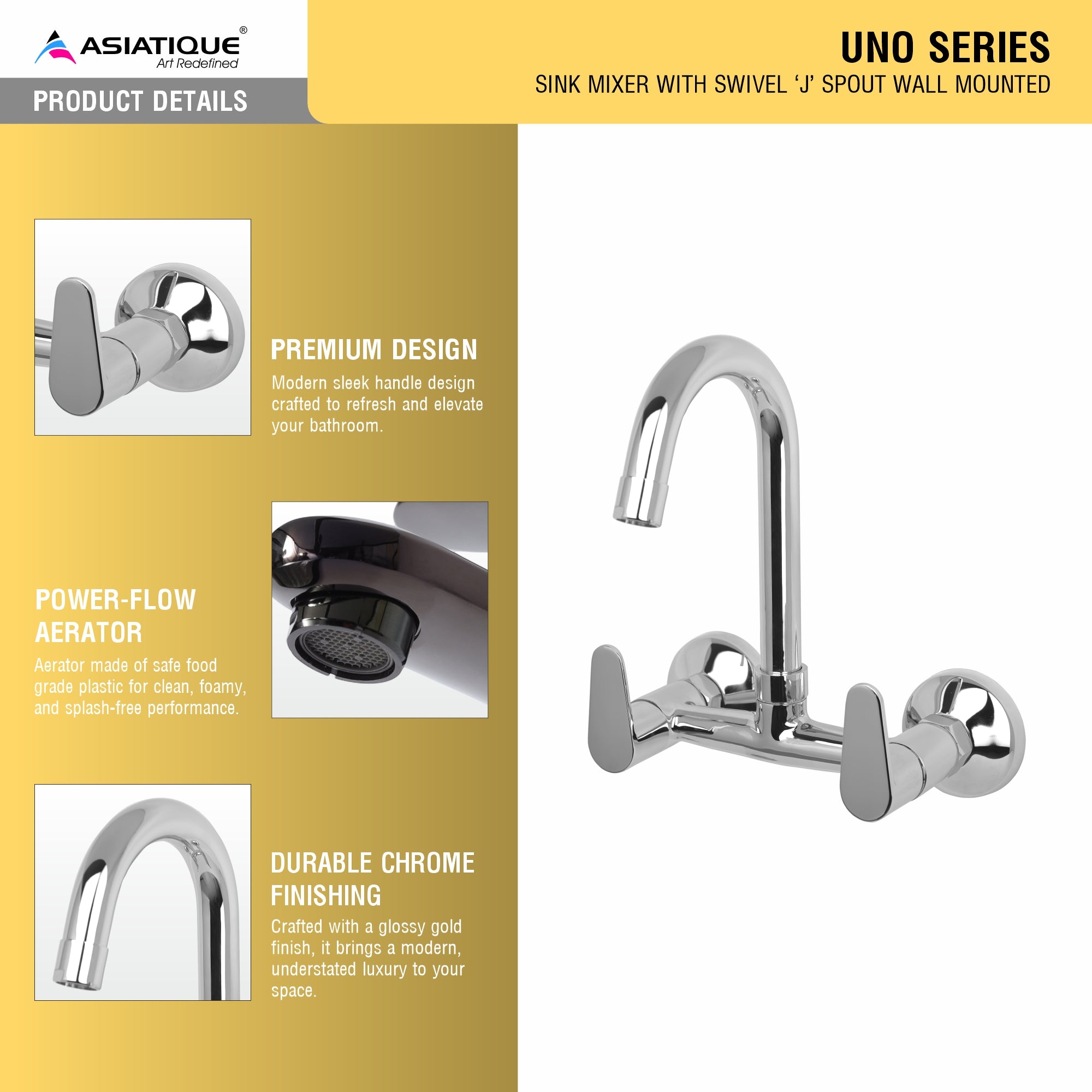 Asiatique Sink Mixer With Swivel 'J' Spout Wall Mounted (U-013), UNO Series Kitchen & Bathroom Faucets | Minimal Modern Tap Collection