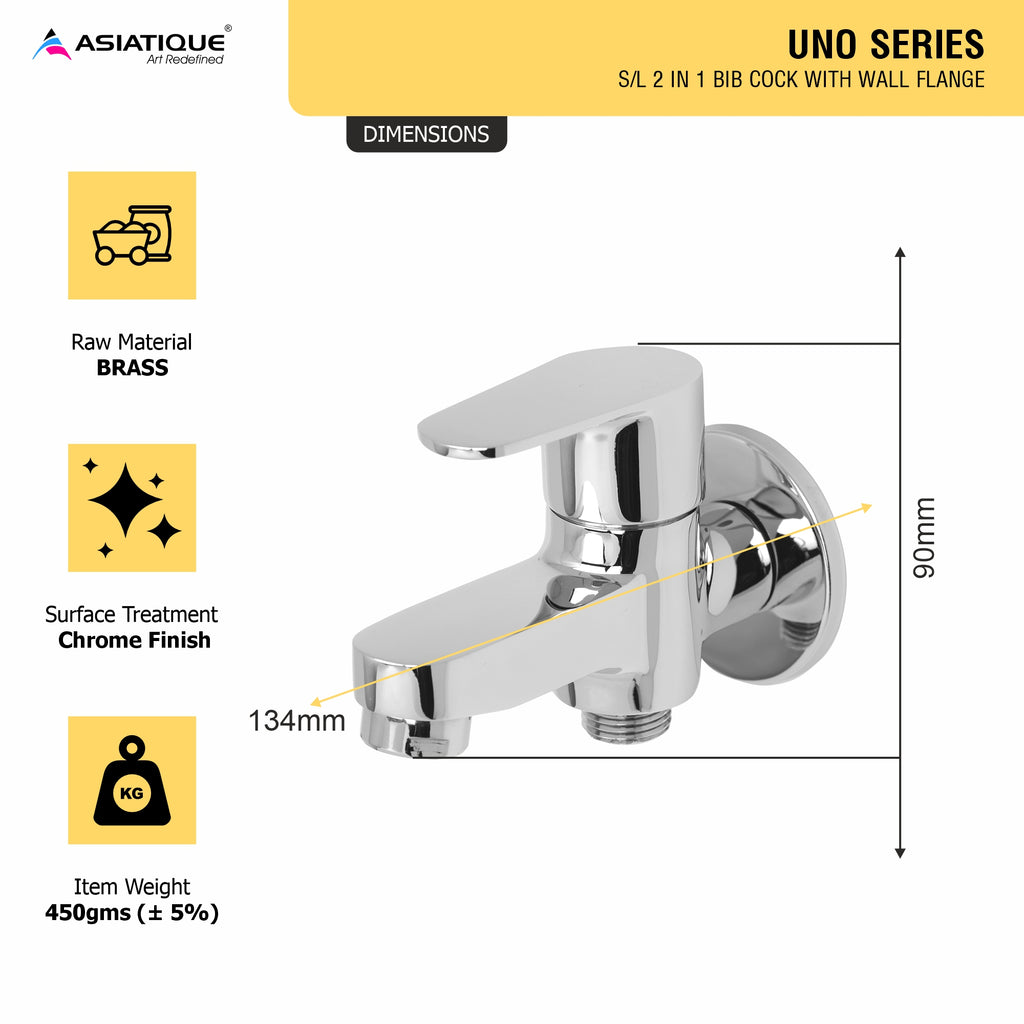Asiatique S/L 2 in 1 Bib Cock With Wall Flange (U-015 S/L), UNO Series Kitchen & Bathroom Faucets | Minimal Modern Tap Collection