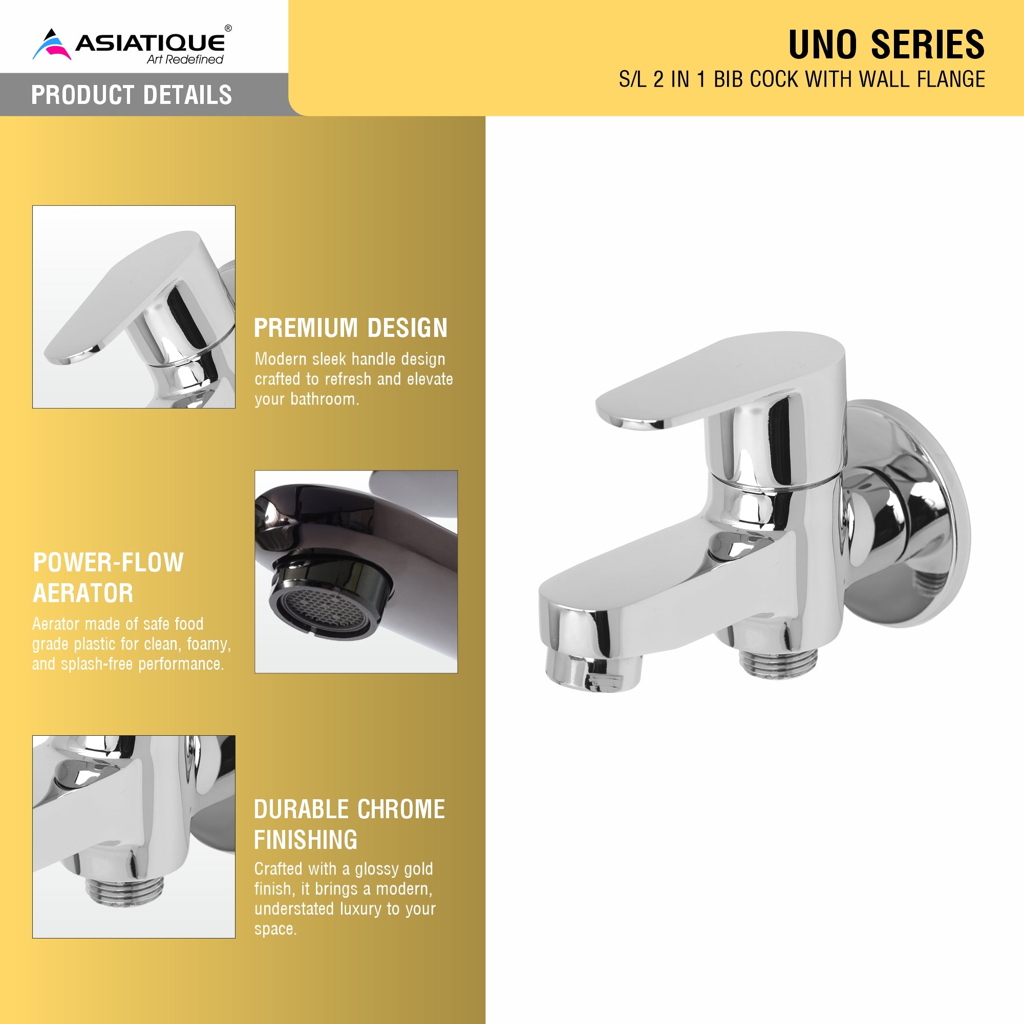 Asiatique S/L 2 in 1 Bib Cock With Wall Flange (U-015 S/L), UNO Series Kitchen & Bathroom Faucets | Minimal Modern Tap Collection