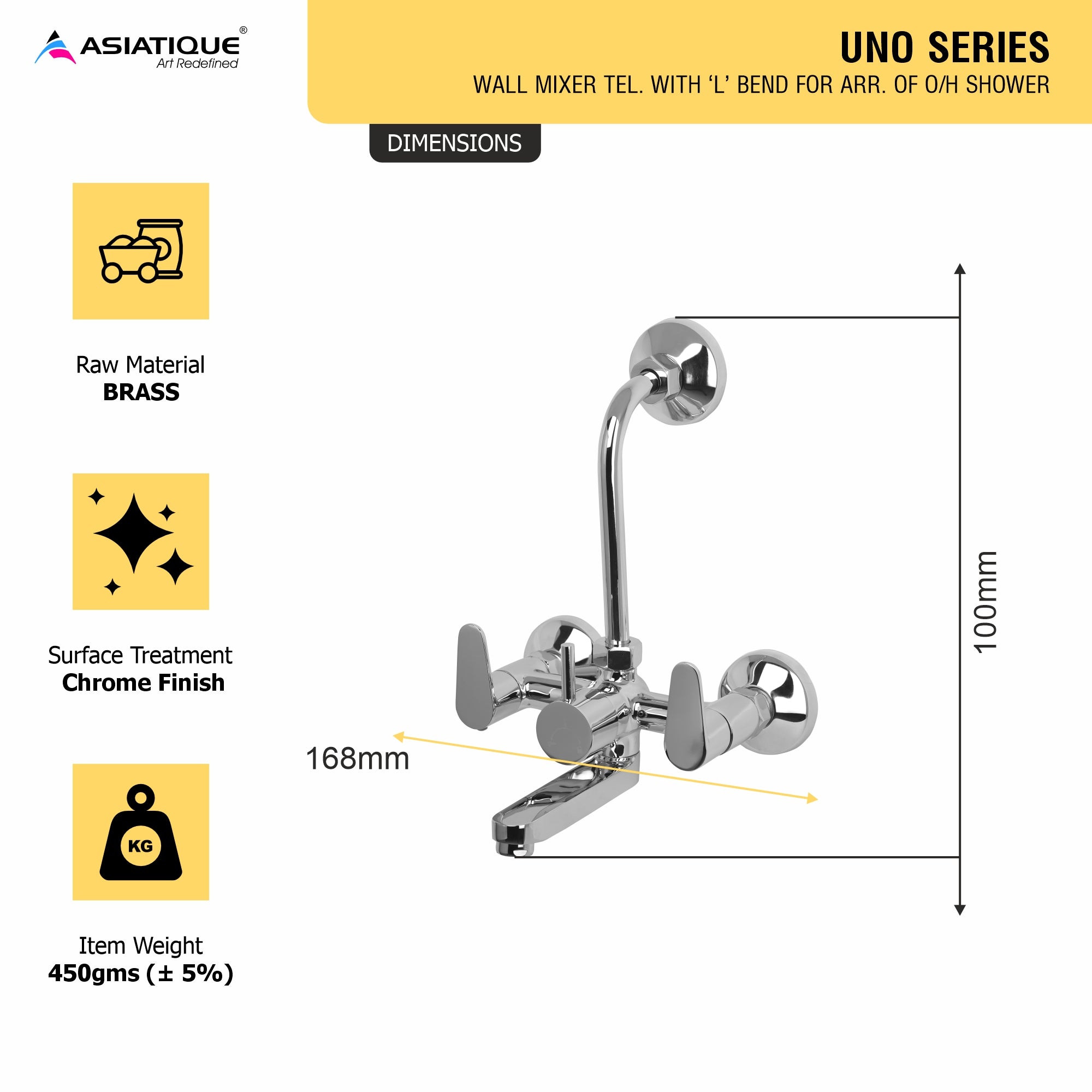 Asiatique Wall Mixer Tel. With 'L' Bend For Arr. of O/H Shower (U-017), UNO Series Kitchen & Bathroom Faucets | Minimal Modern Tap Collection