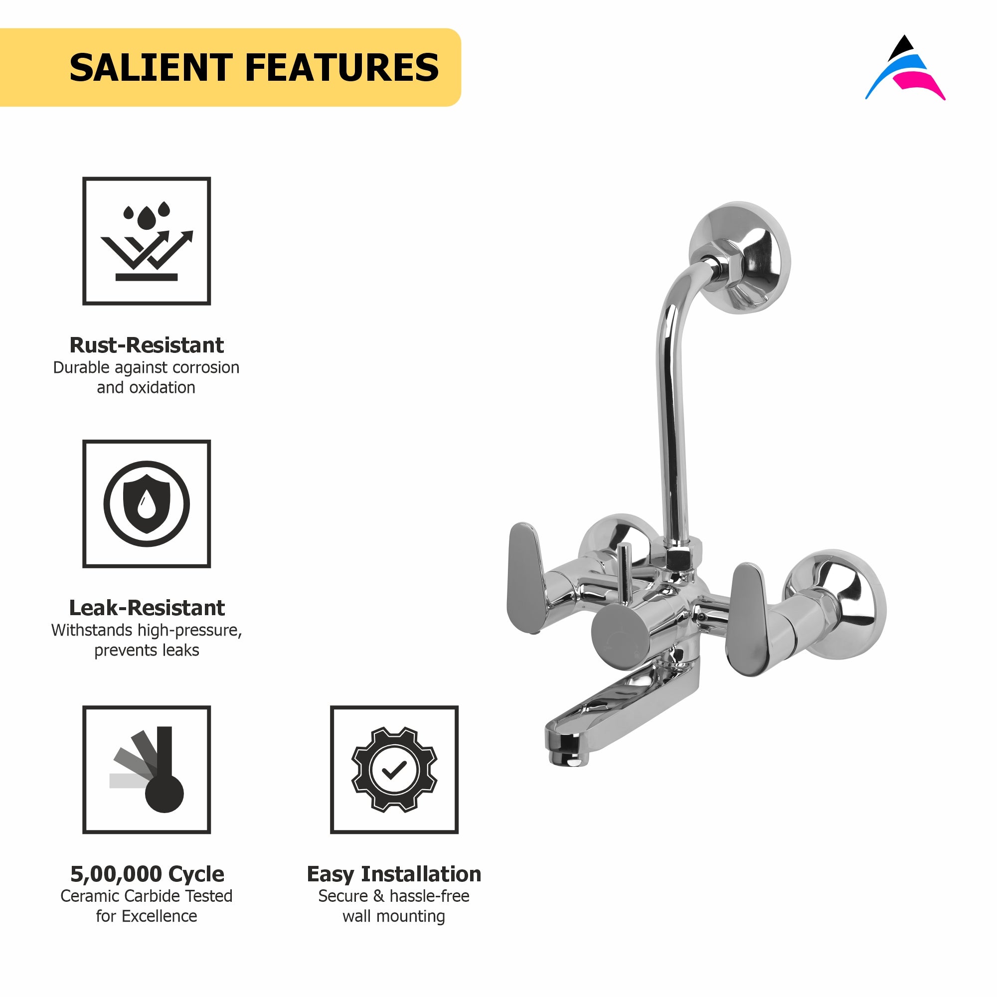 Asiatique Wall Mixer Tel. With 'L' Bend For Arr. of O/H Shower (U-017), UNO Series Kitchen & Bathroom Faucets | Minimal Modern Tap Collection