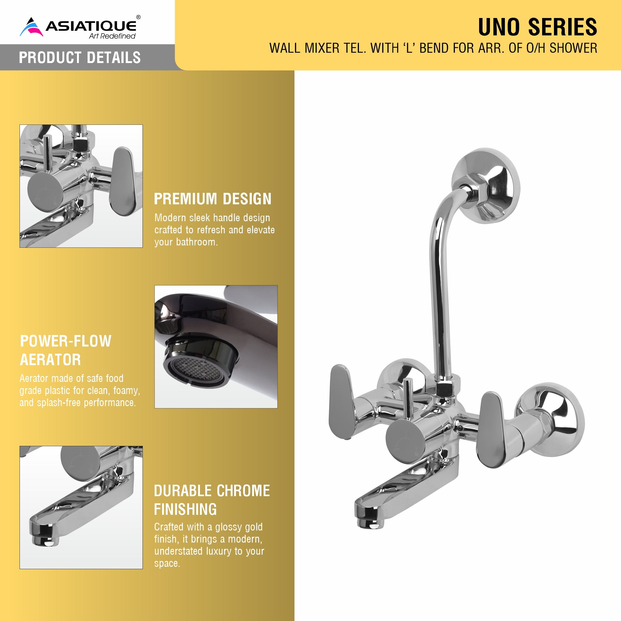 Asiatique Wall Mixer Tel. With 'L' Bend For Arr. of O/H Shower (U-017), UNO Series Kitchen & Bathroom Faucets | Minimal Modern Tap Collection
