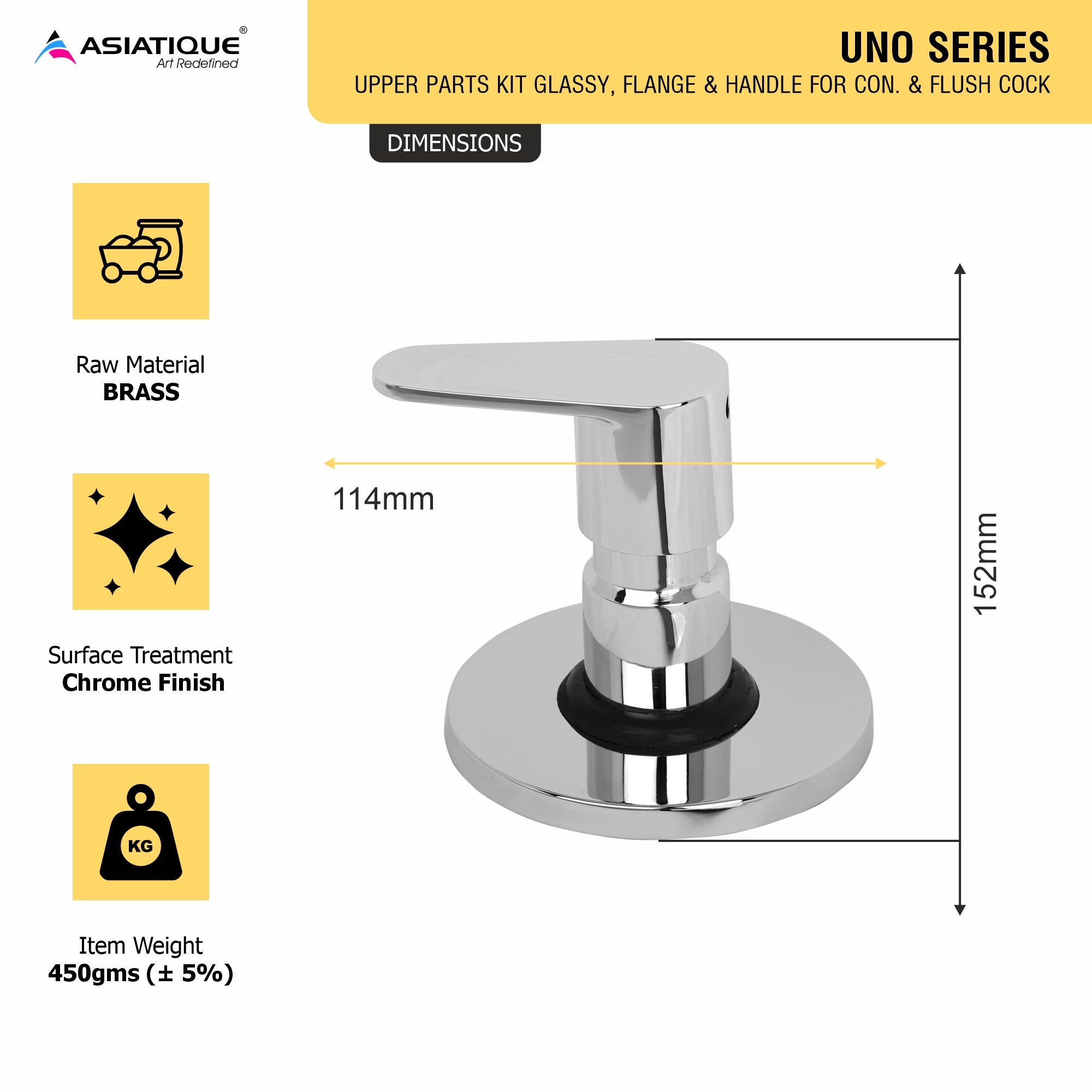 Asiatique Upper Parts Kit Glassy, Flange & Handle for Con. & Flush Cock (U-021U), UNO Series Kitchen & Bathroom Faucets | Minimal Modern Tap Collection