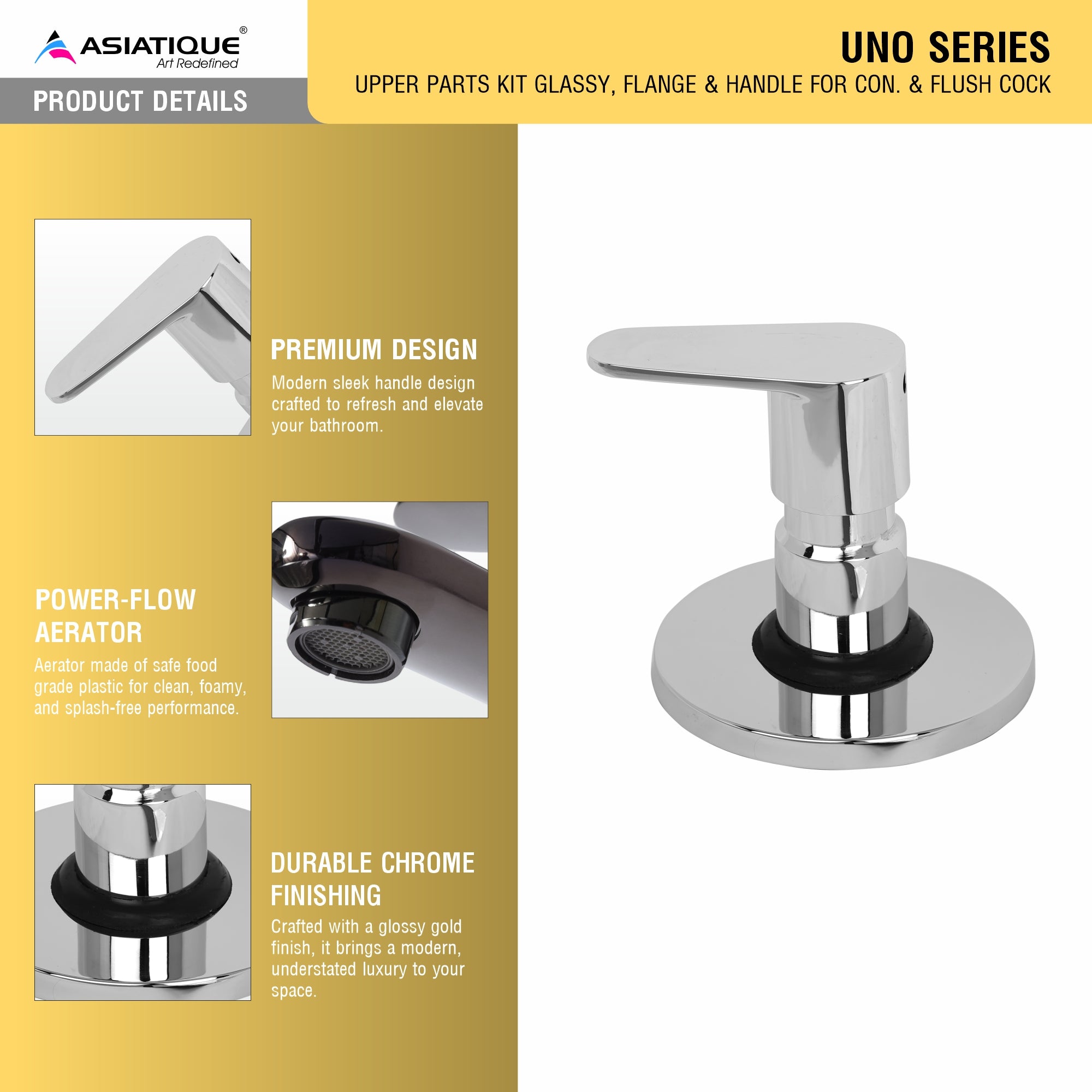 Asiatique Upper Parts Kit Glassy, Flange & Handle for Con. & Flush Cock (U-021U), UNO Series Kitchen & Bathroom Faucets | Minimal Modern Tap Collection