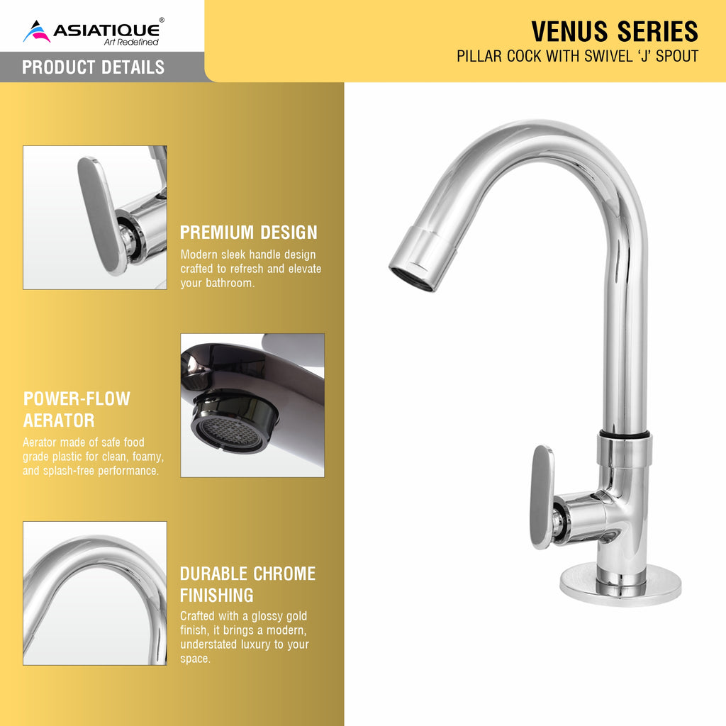 Asiatique Pillar Cock With Swivel 'J' Spout  (V-002), Venus Series Premium Faucets & Mixers