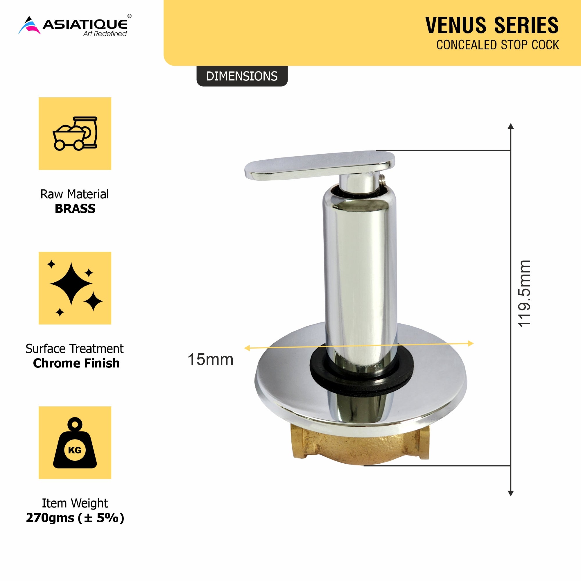 Asiatique Concealed Stop Cock 15mm  (V-006), Venus Series Premium Faucets & Mixers