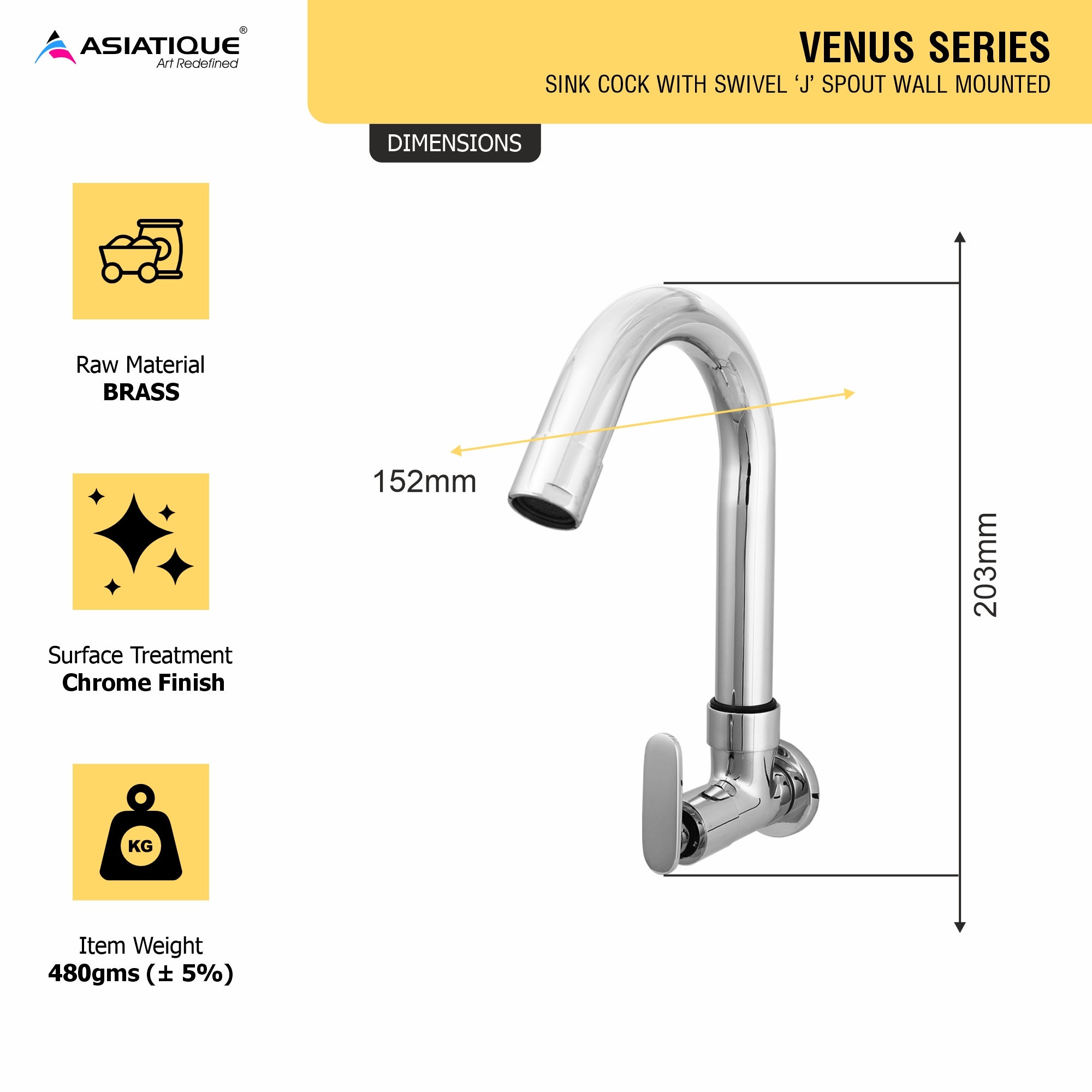 Asiatique Sink Cock With Swivel 'J' Spout Wall Mounted (V-008), Venus Series Premium Faucets & Mixers