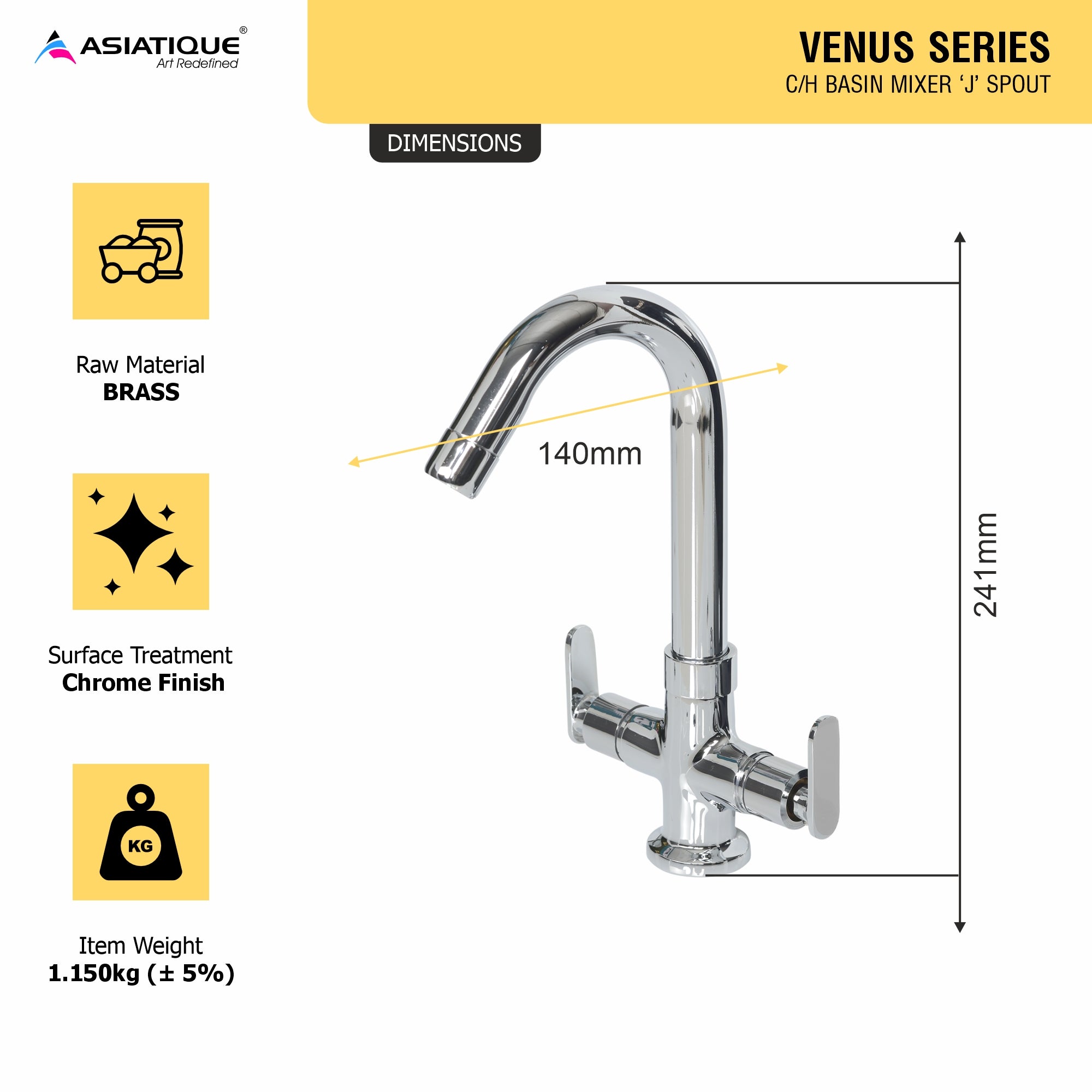 Asiatique C/H Basin Mixer 'J' Spout   (V-011), Venus Series Premium Faucets & Mixers