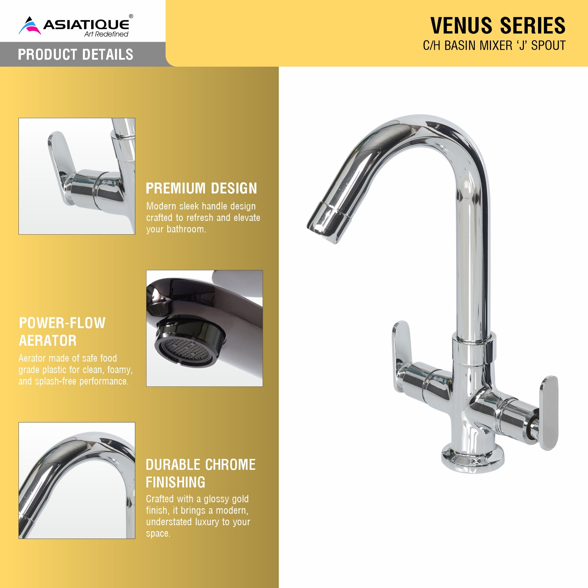Asiatique C/H Basin Mixer 'J' Spout   (V-011), Venus Series Premium Faucets & Mixers