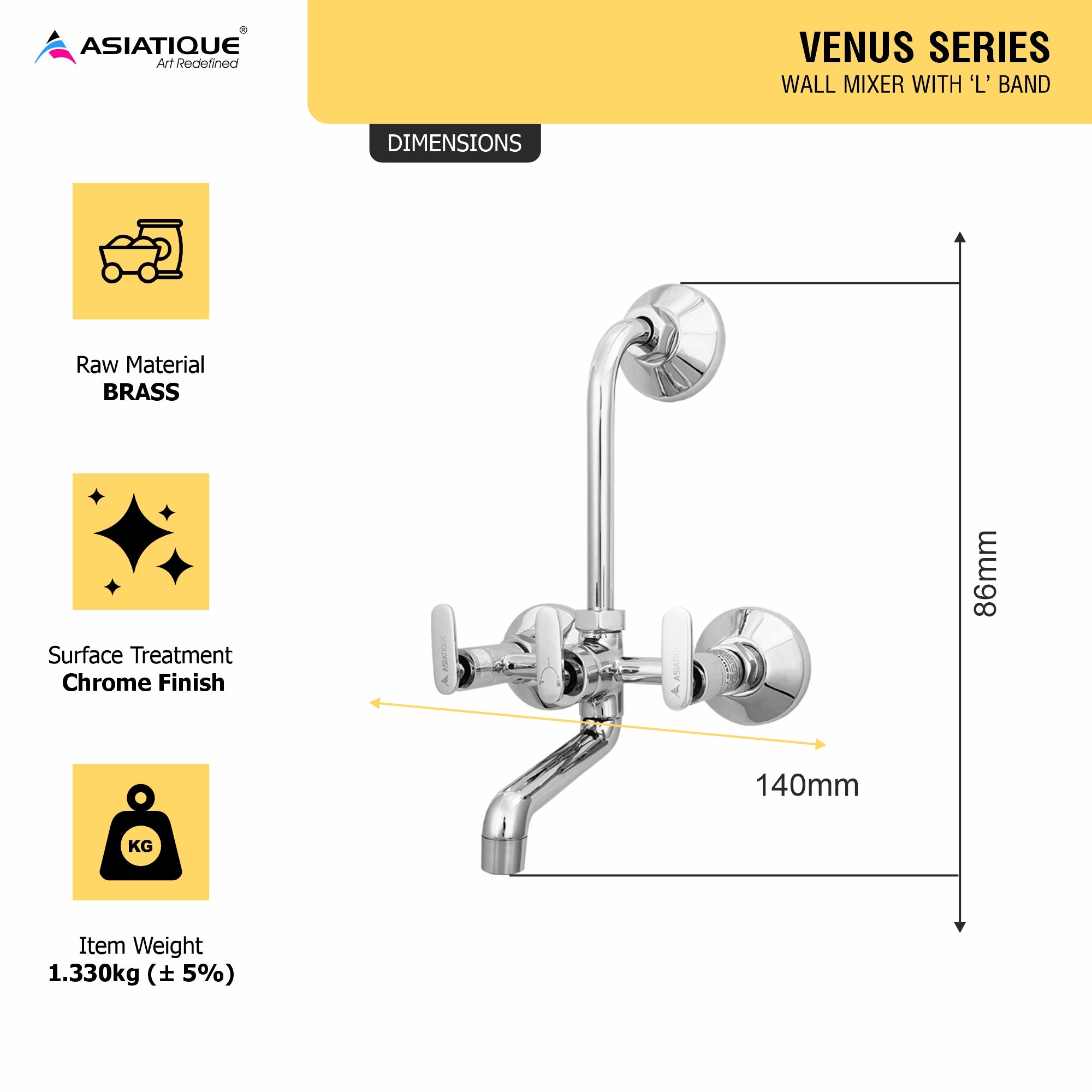 Asiatique Wall Mixer With 'L' Bend (V-017L), Venus Series Premium Faucets & Mixers